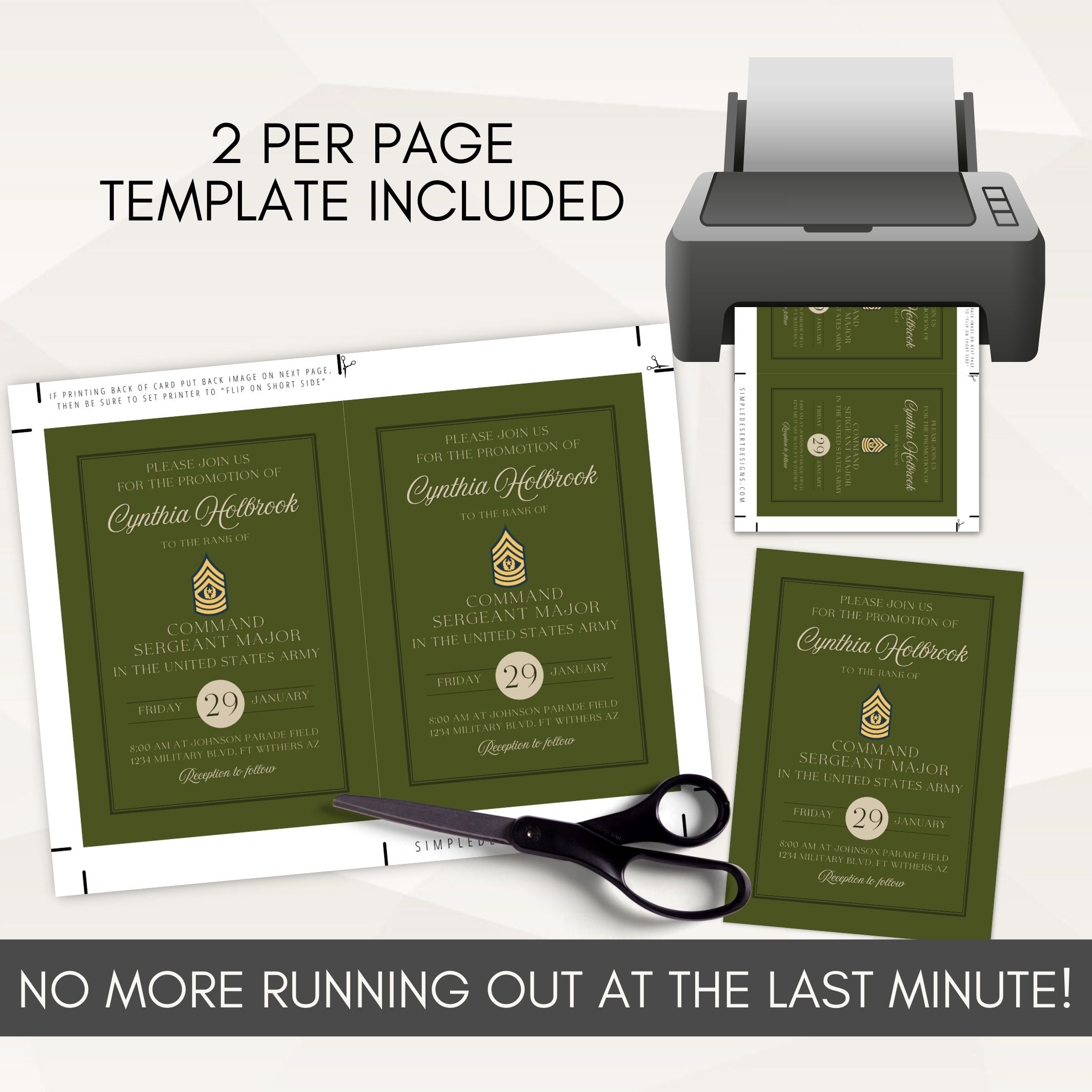 Green invitation cards with text, printer, scissors, and text '2 per page template included'.