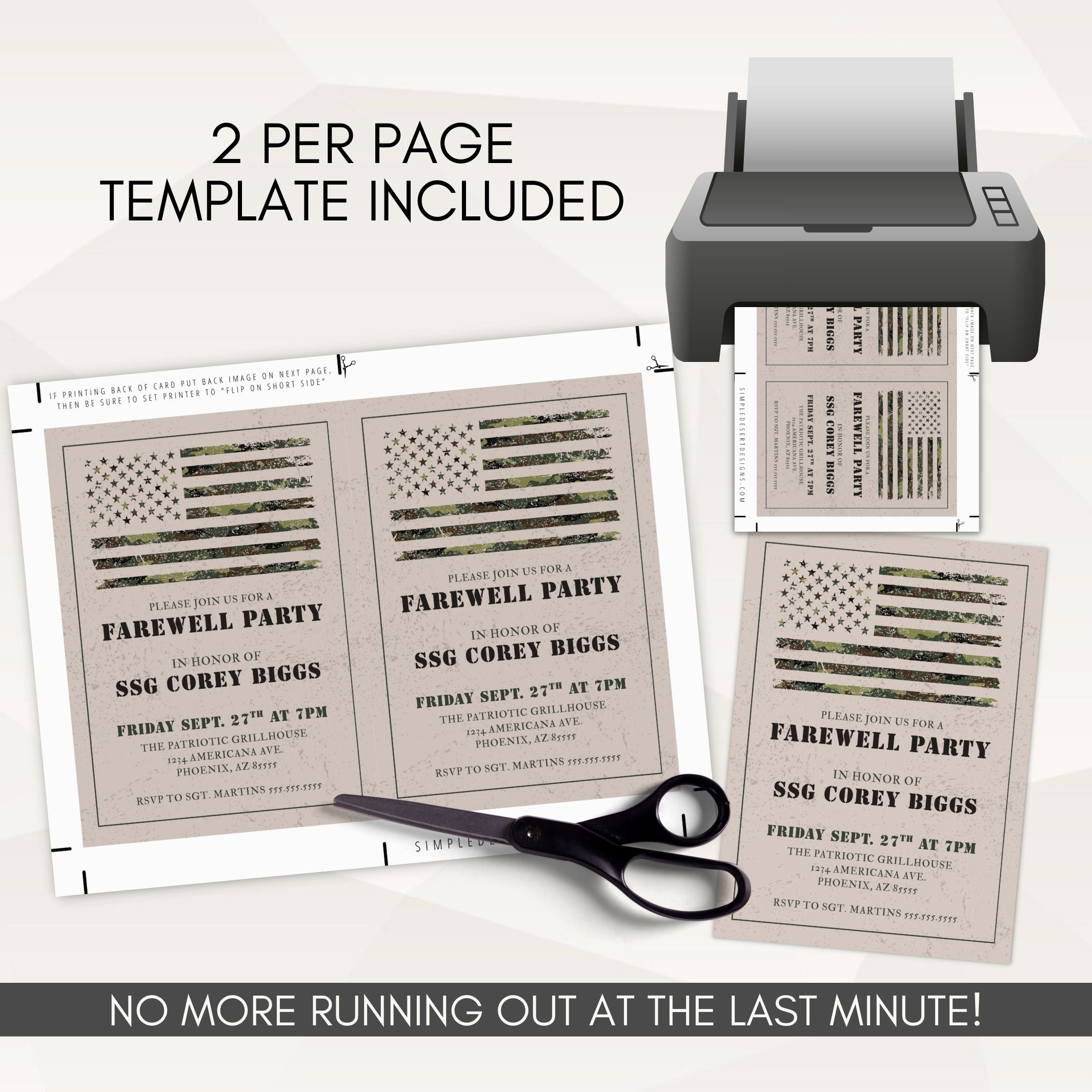 Farewell party invitations with American flag design, printer, scissors, and text about a template included.