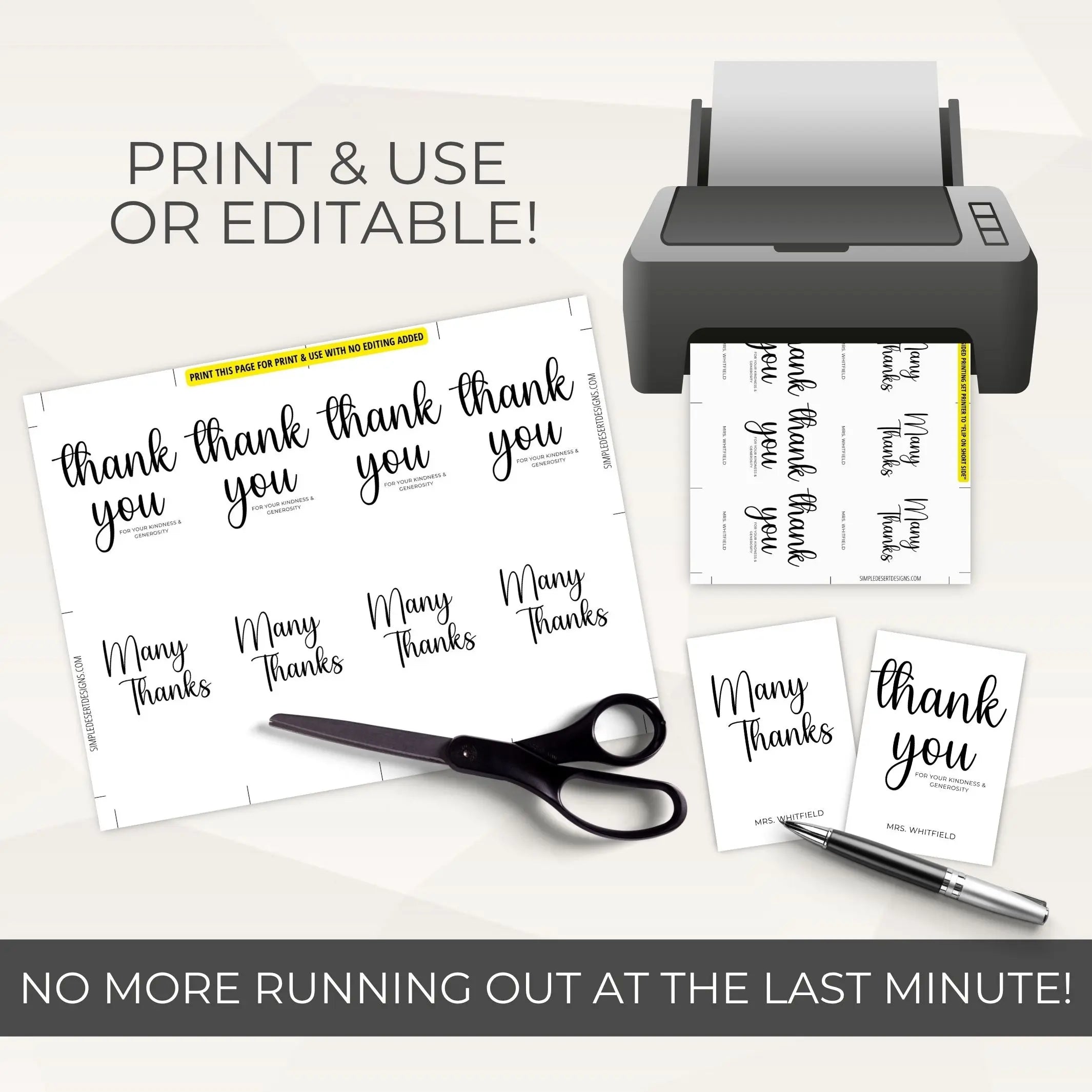 Printable thank you cards with a printer, scissors, and pen on a white background showing ready to use printable and editable thank you cards in one set.