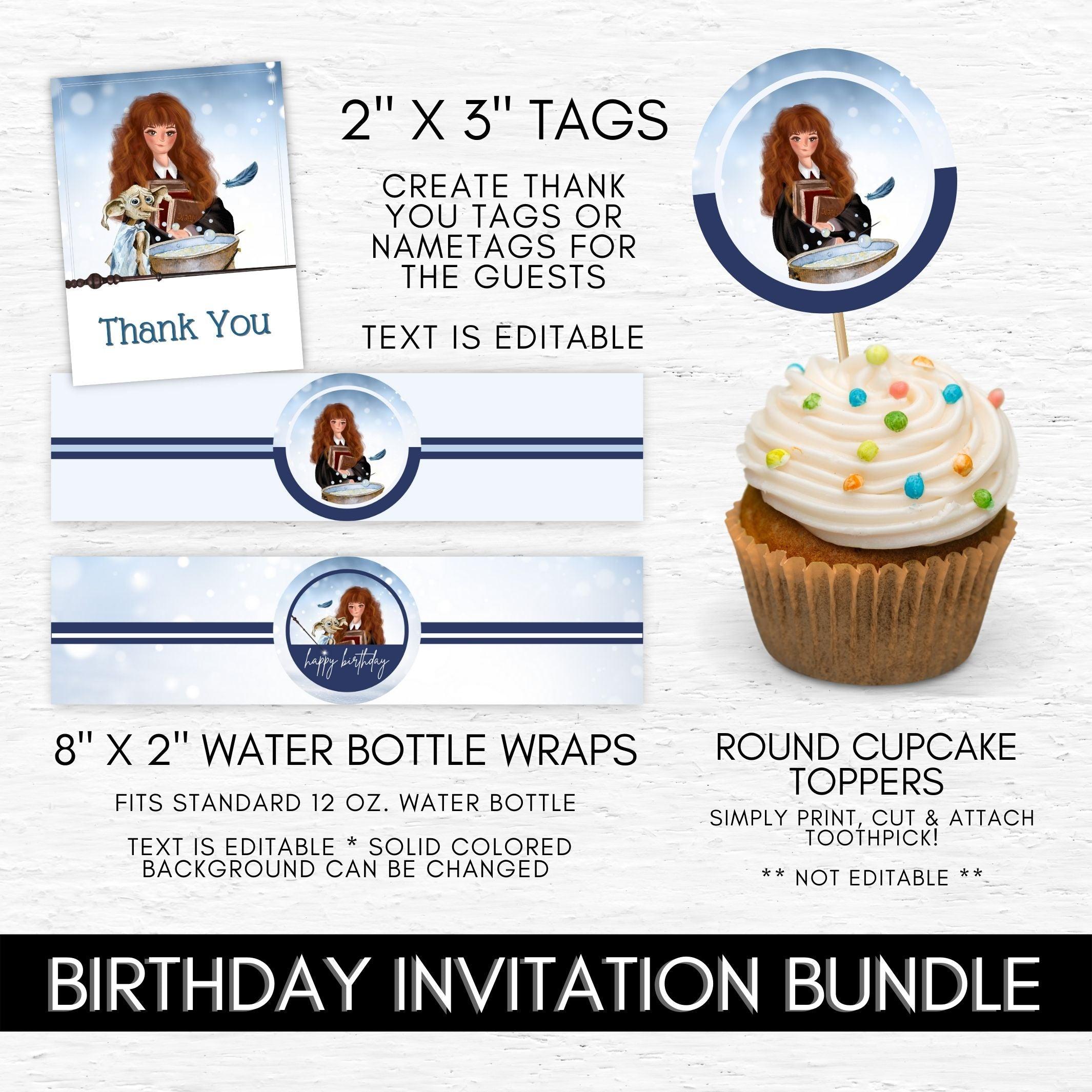 included in this magical birthday party bundle with a cute witch and fun elf are thank you card, 2 different water bottle wrappers and cupcake topper templates that can be printed on round stickers too!
