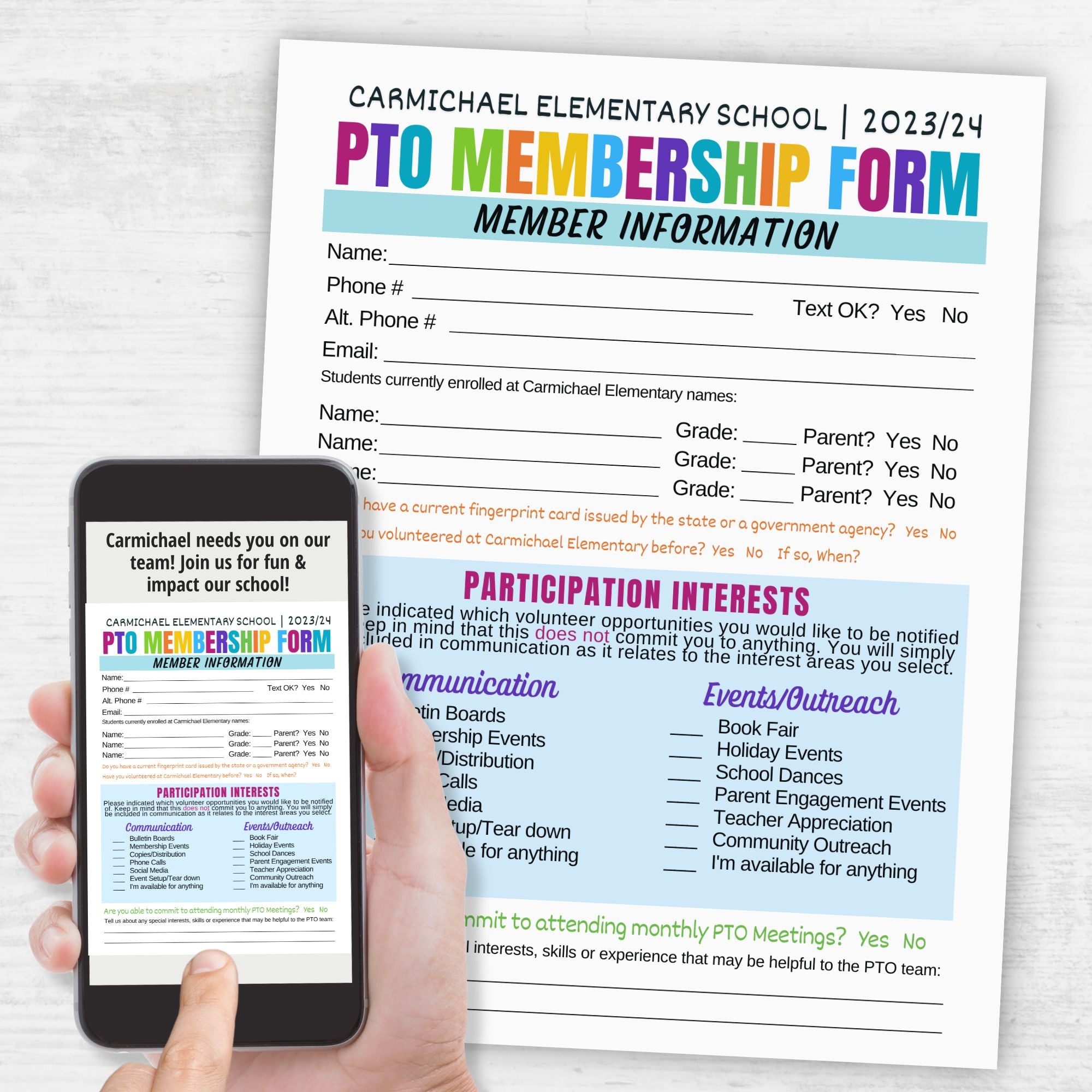 Colorful PTO Membership form on white surface and cell phone.