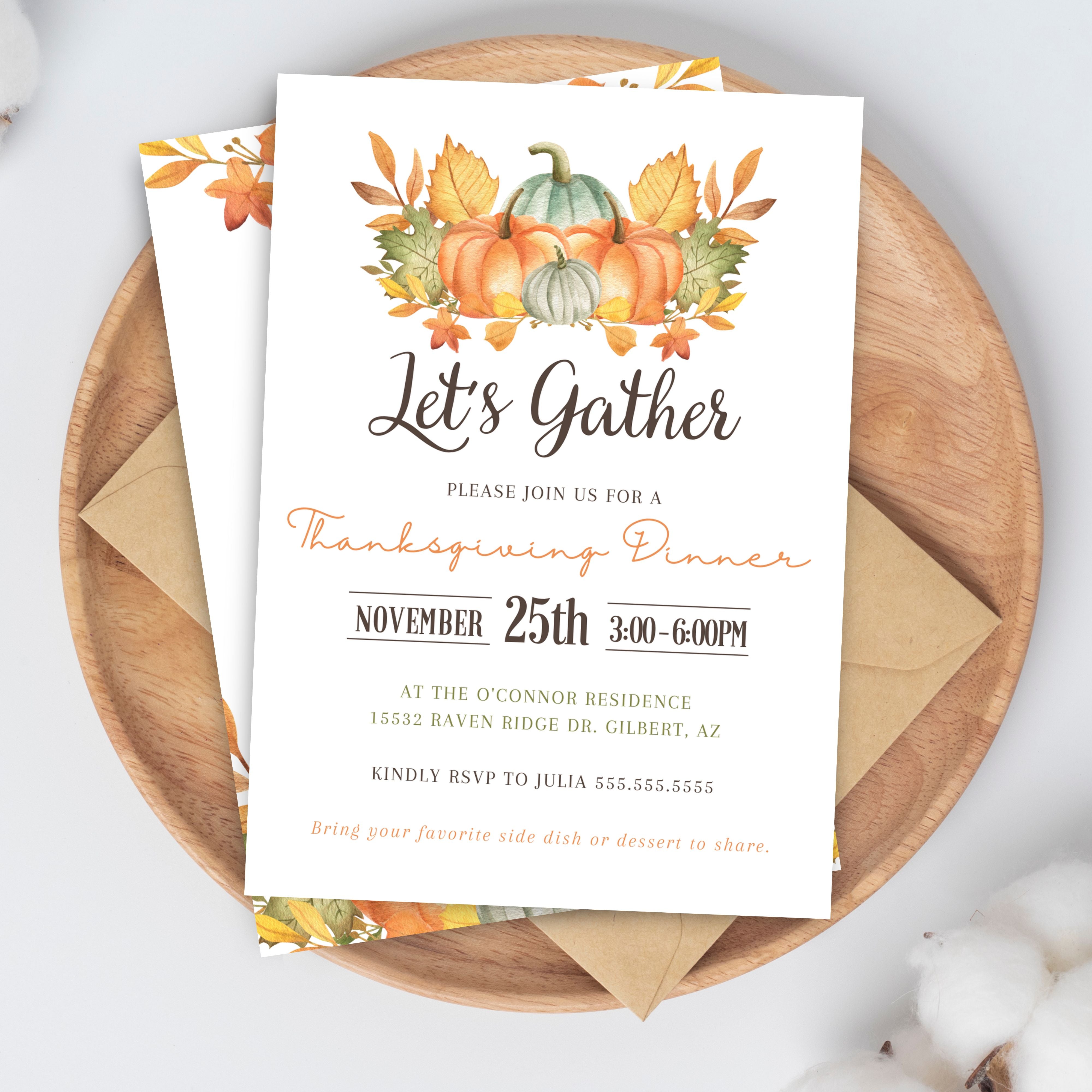 pumpkin theme thanksgiving dinner party let's gather invitations