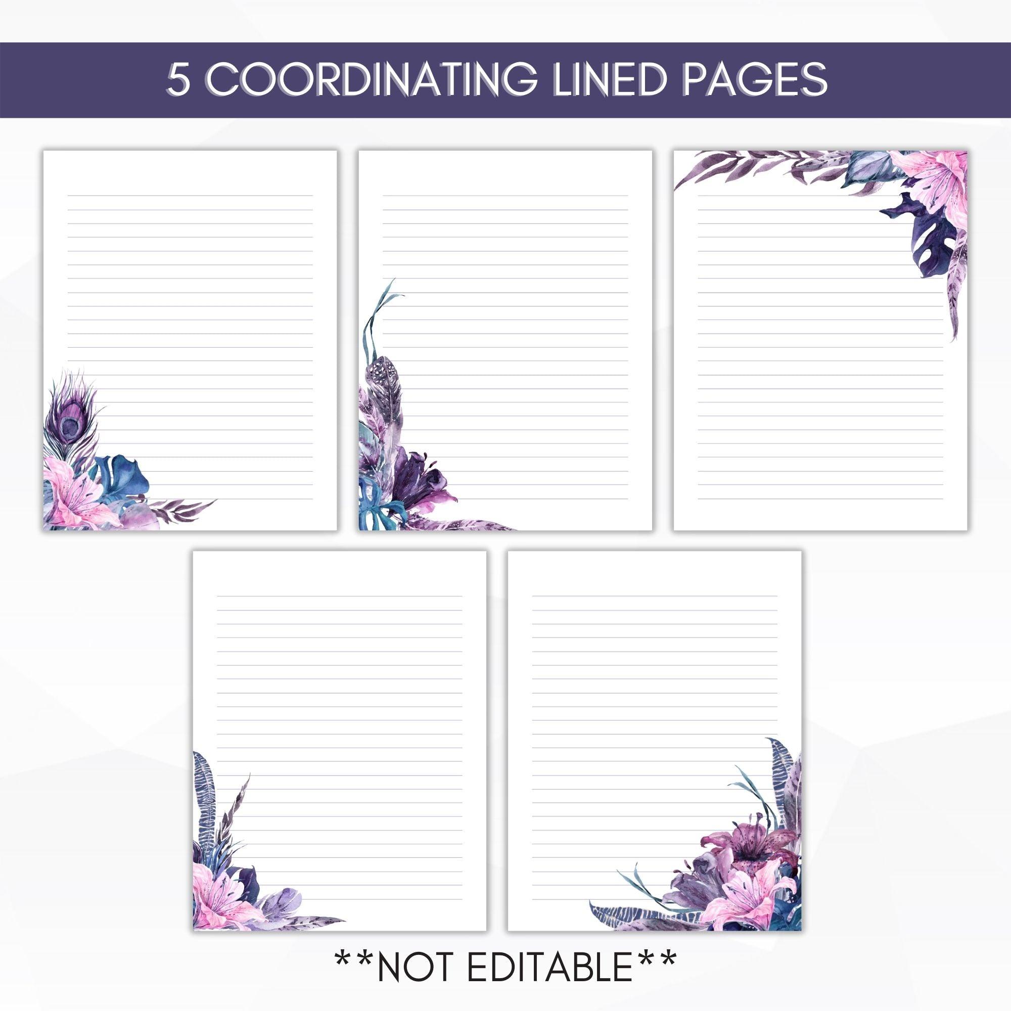 lined purple floral stationery set