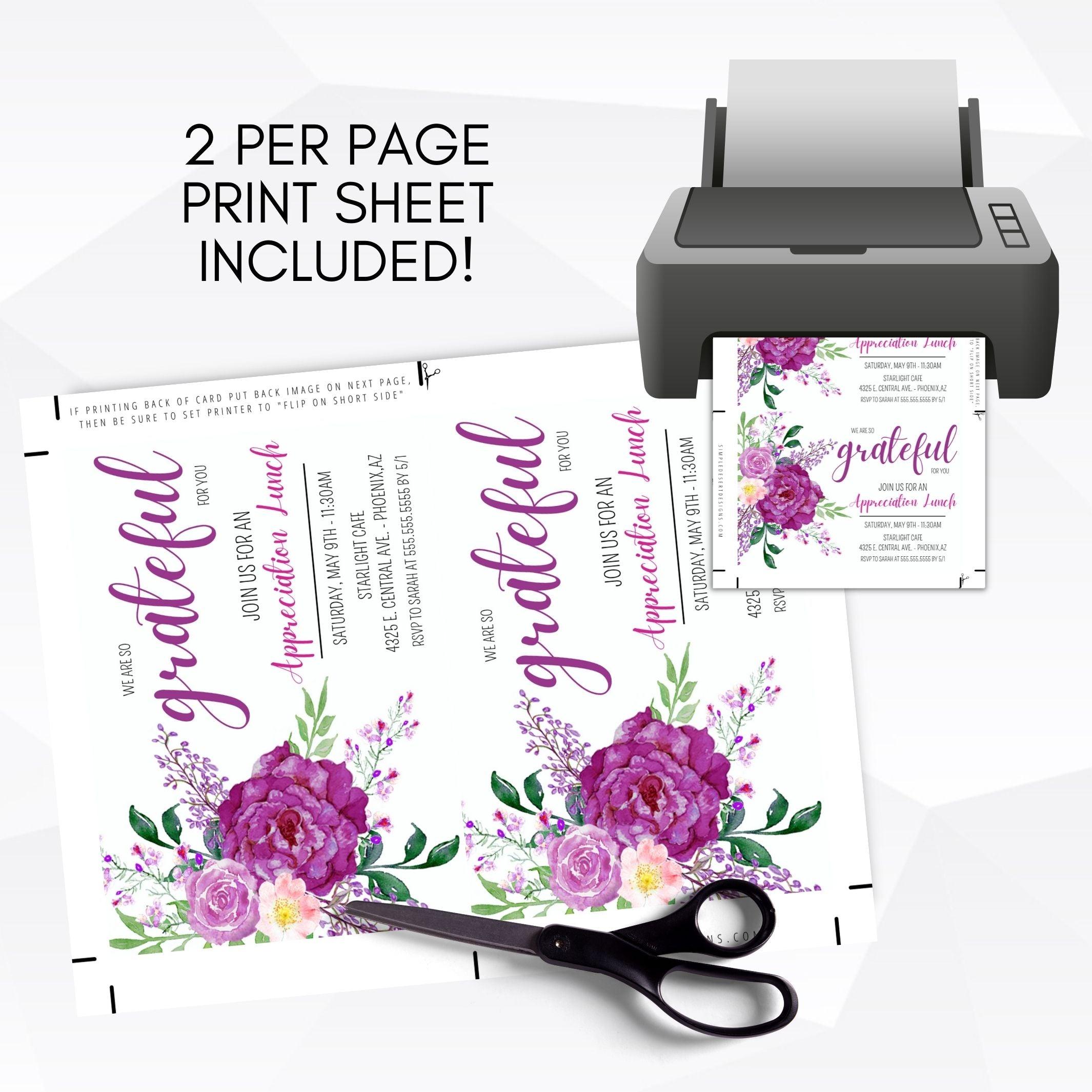 we are grateful for you appreciation luncheon brunch dinner event invitation floral purple rose wildflowers