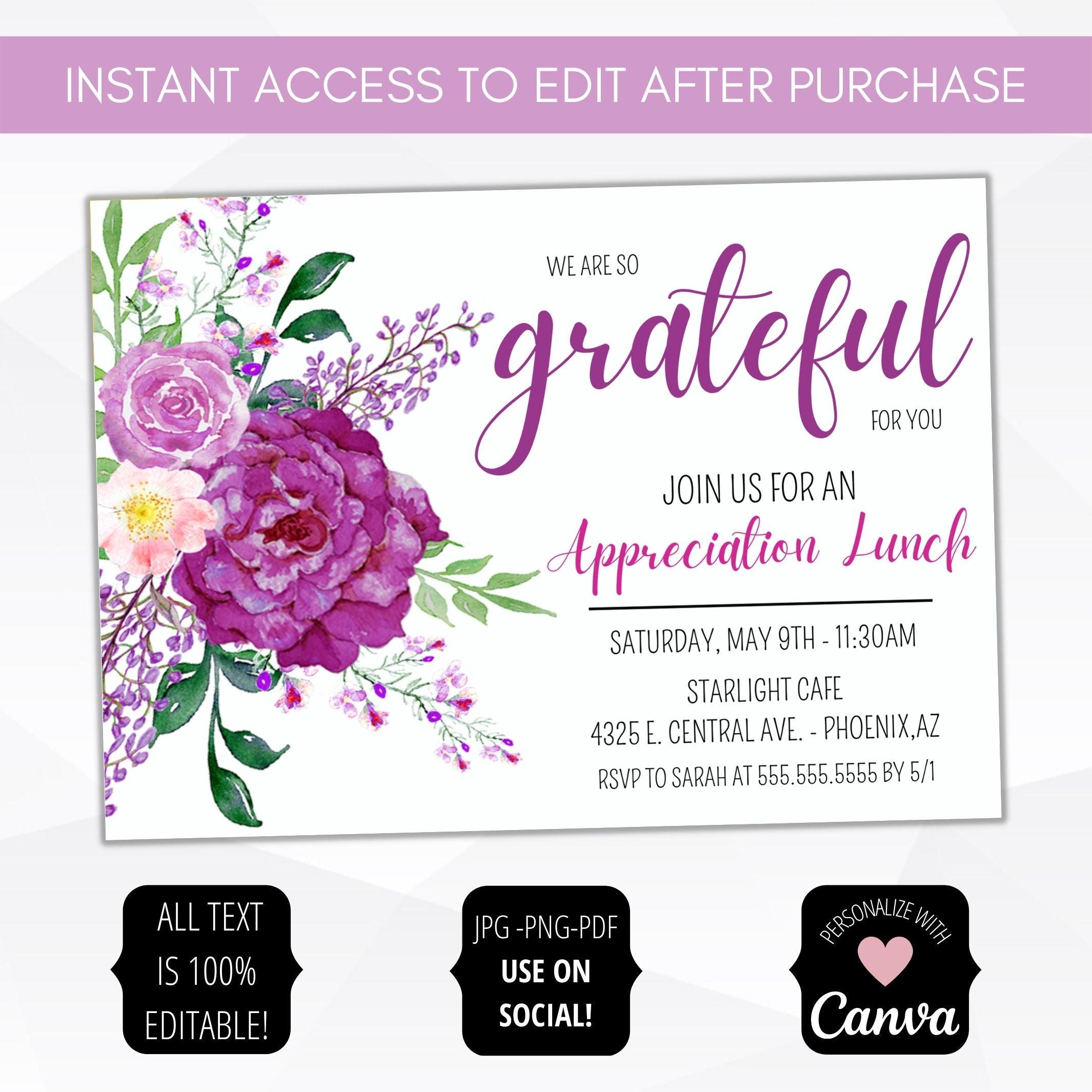 employee staff nurse volunteer teacher appreciation week invitation floral purple roses wildflower