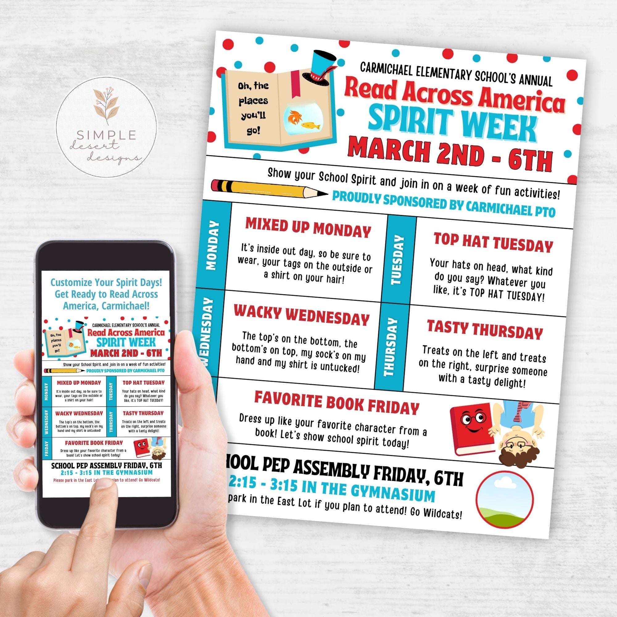 Carmichael Elementary School's Read Across America Spirit Week flyer held by a hand with a phone displaying the same content.