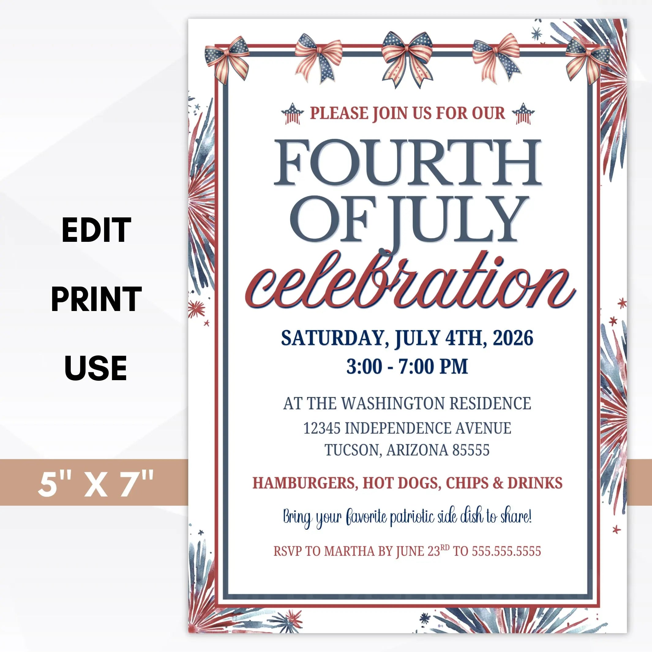 Fourth of July celebration invitation with decorative elements on a white background