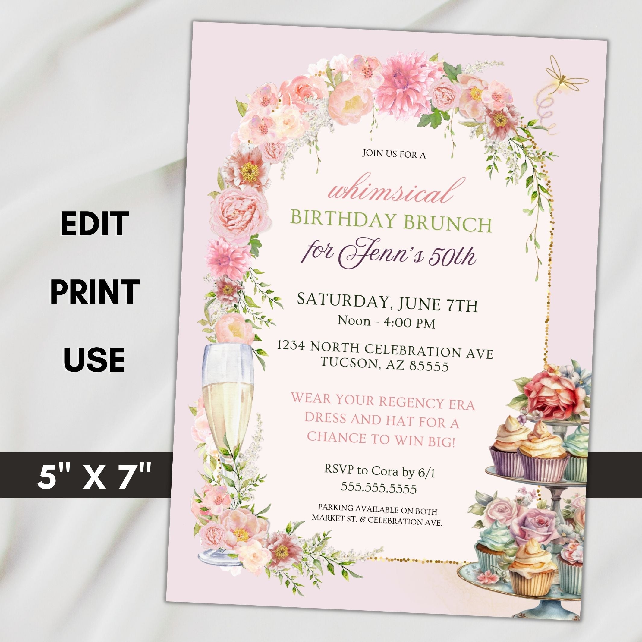 printed pink floral birthday party invitation with pastries and champagne