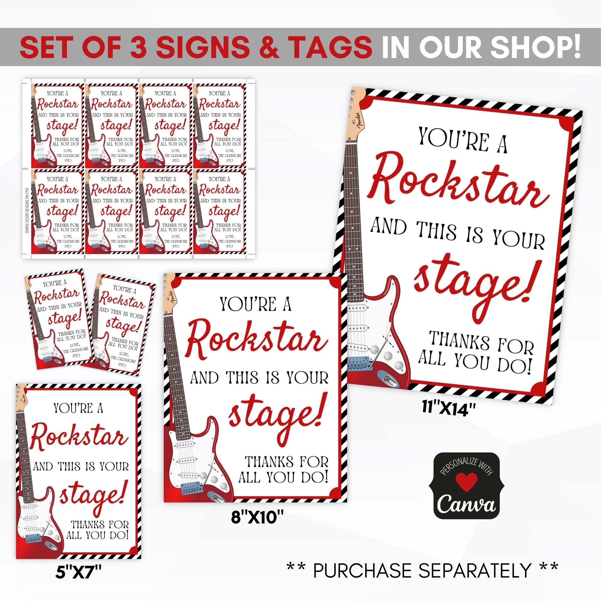 coordinating rockstar theme signs and favor tags available for purchase in our shop