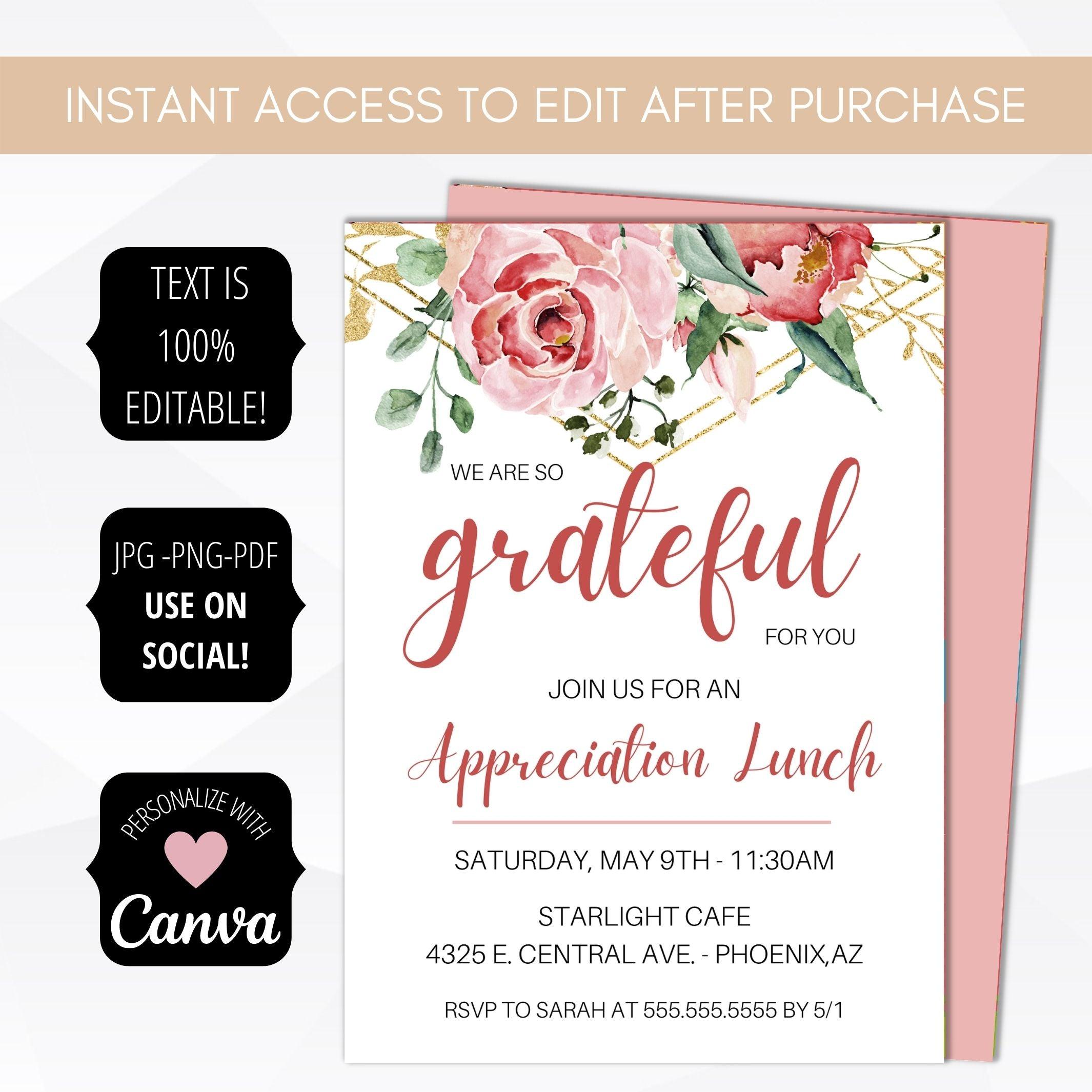 employee staff nurse volunteer teacher appreciation week invitation floral rose gold peony