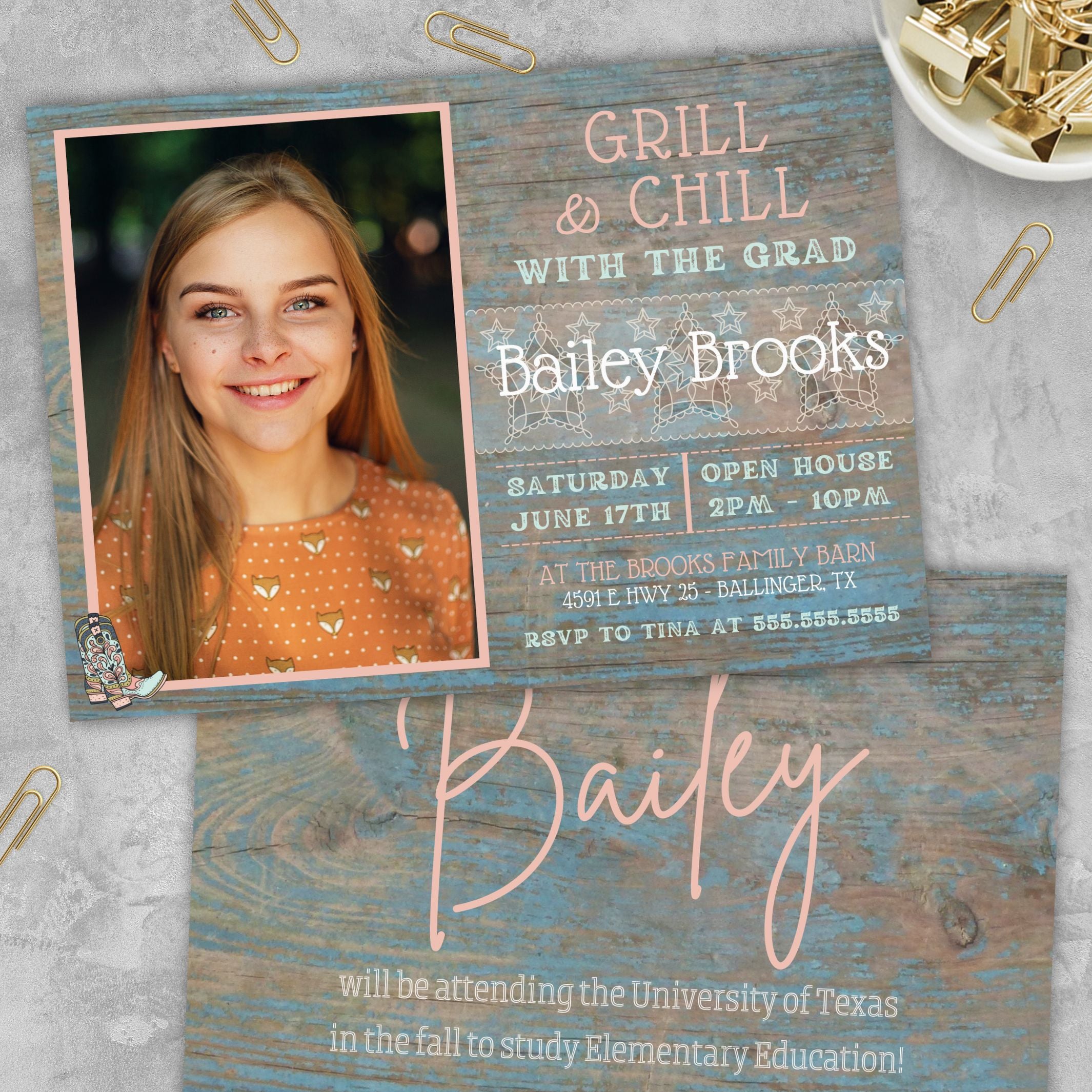 turquoise and barn wood patina photo graduation party invitation with grill and chill theme decorated with lace, country western boots and script typography
