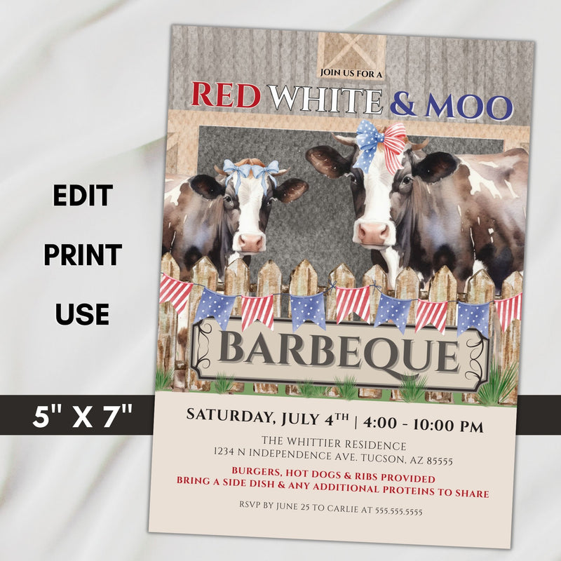 vintage watercolor rustic 4th of july invitation with cows, barn and red white and blue bunting