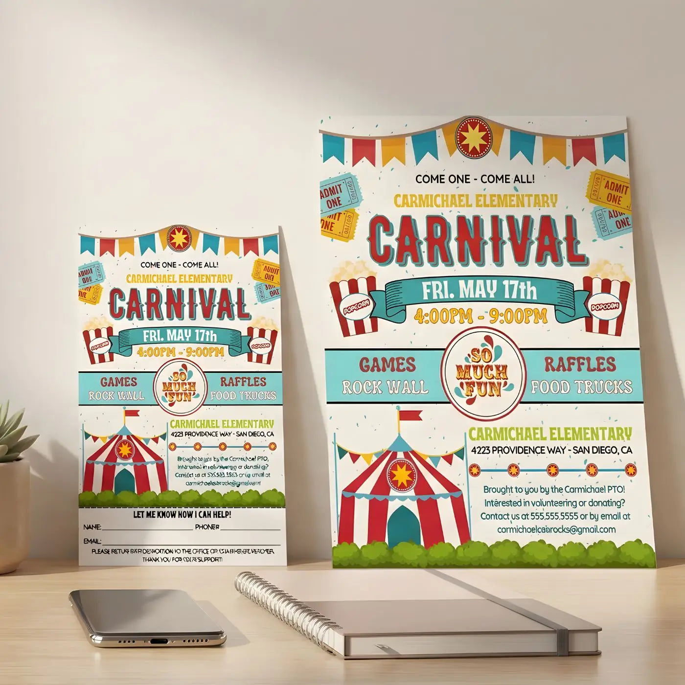 Colorful carnival flyers on a desk with phone and notepad as product cover image of school carnival flyer set for PTO or church fundraiser event. Editable templates for an interactive school event bundle.