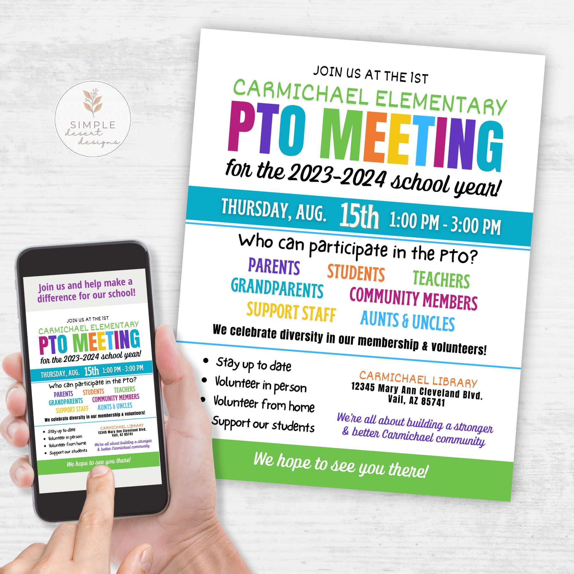 colorful school pto pta meeting flyer template displayed printed on white surface and on cell phone