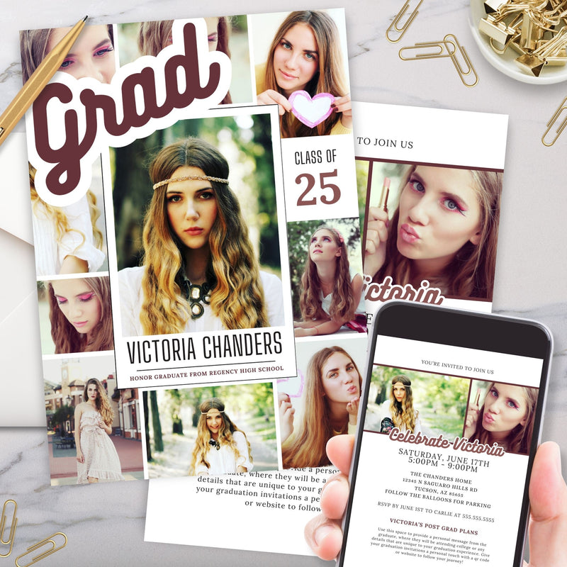 fully personalized graduation invitation with color changing text and grad party details with space for 12 senior photo session portraits