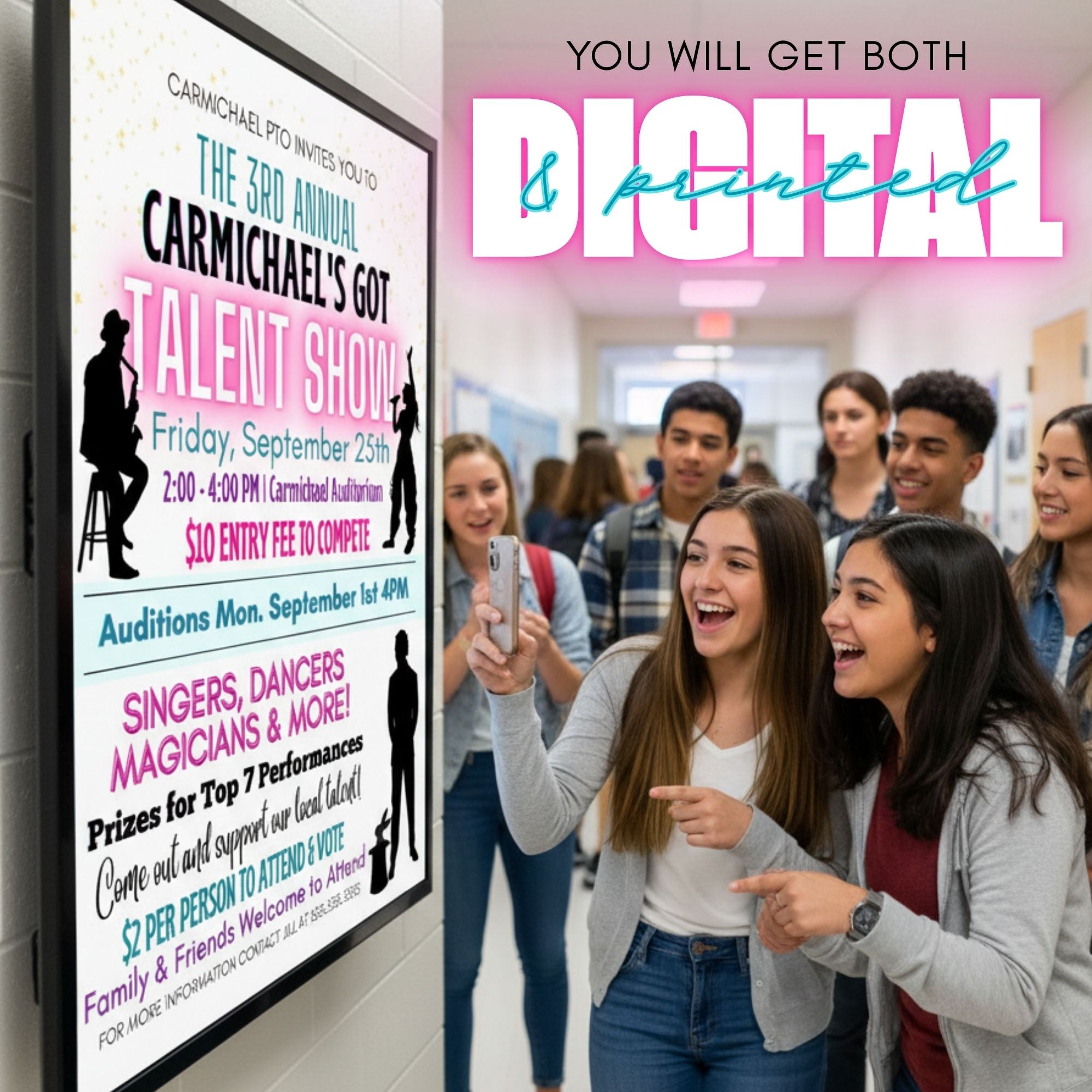 colorful talent show flyer template displayed on digital screen at high school with students taking pictures and excited to try out