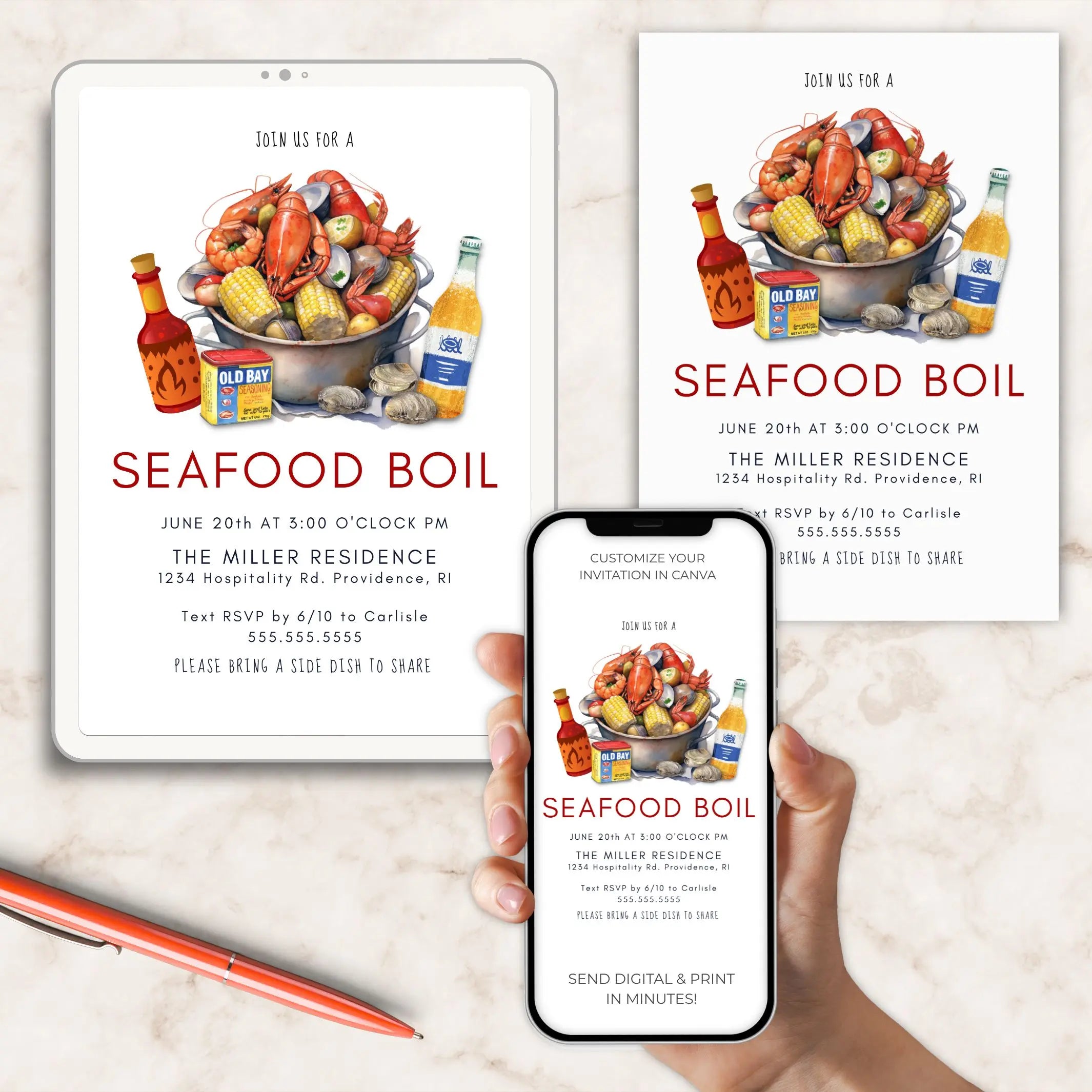 Seafood boil invitation personalized and displayed on a tablet, phone, and paper with a pen.