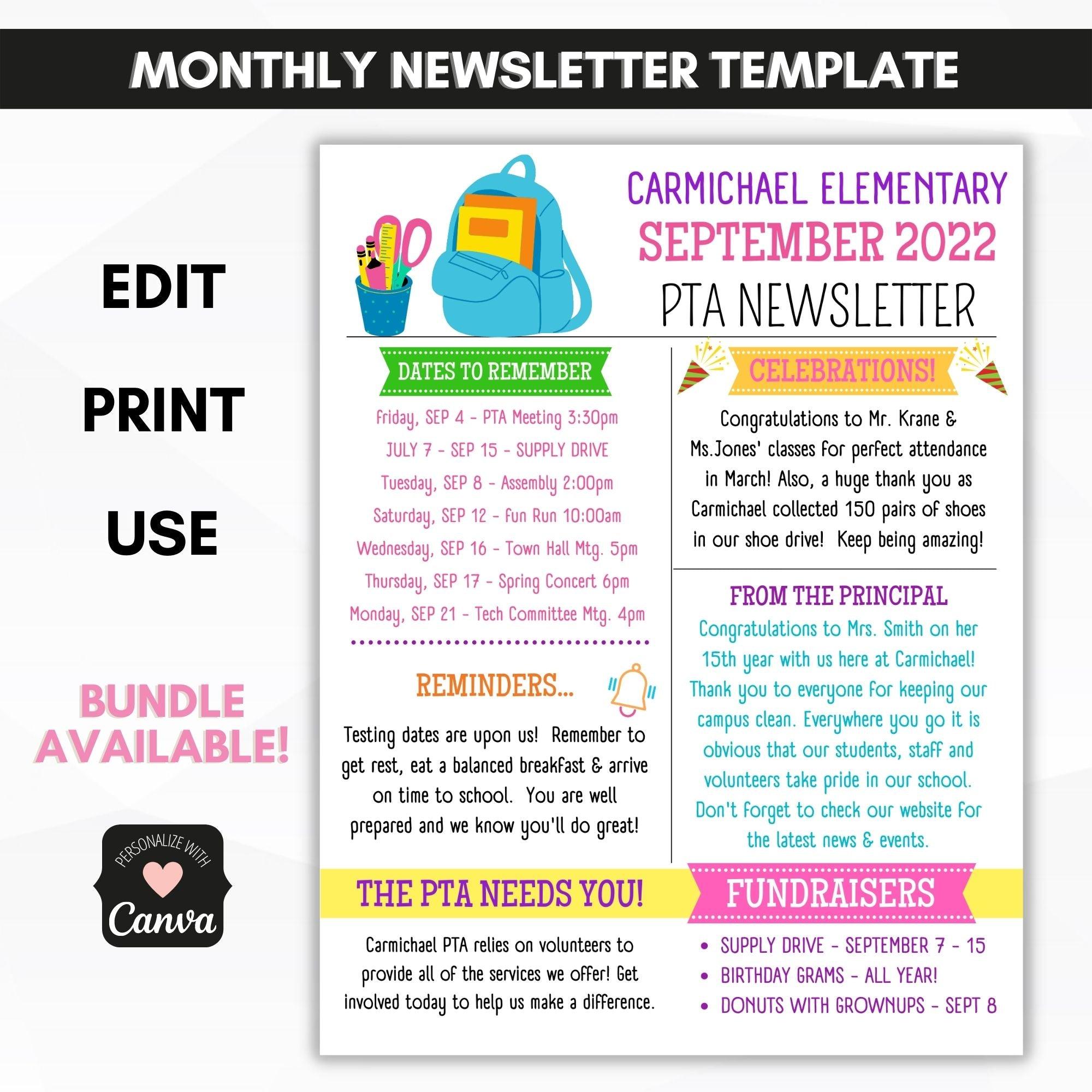 school pto pta SEPTEMBER newsletter template