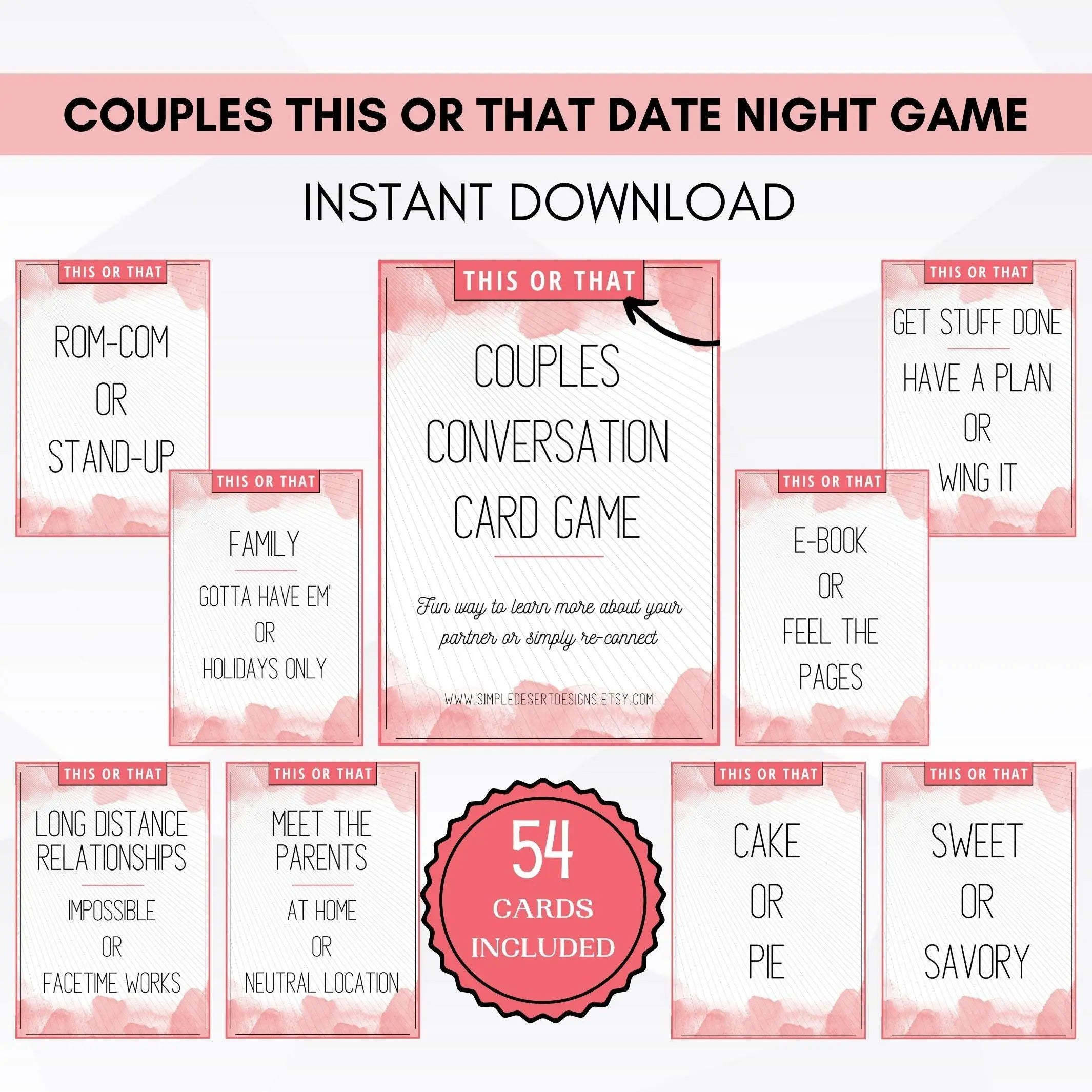 Couples 'This or That' date night game cards with pink and white design on a white background.