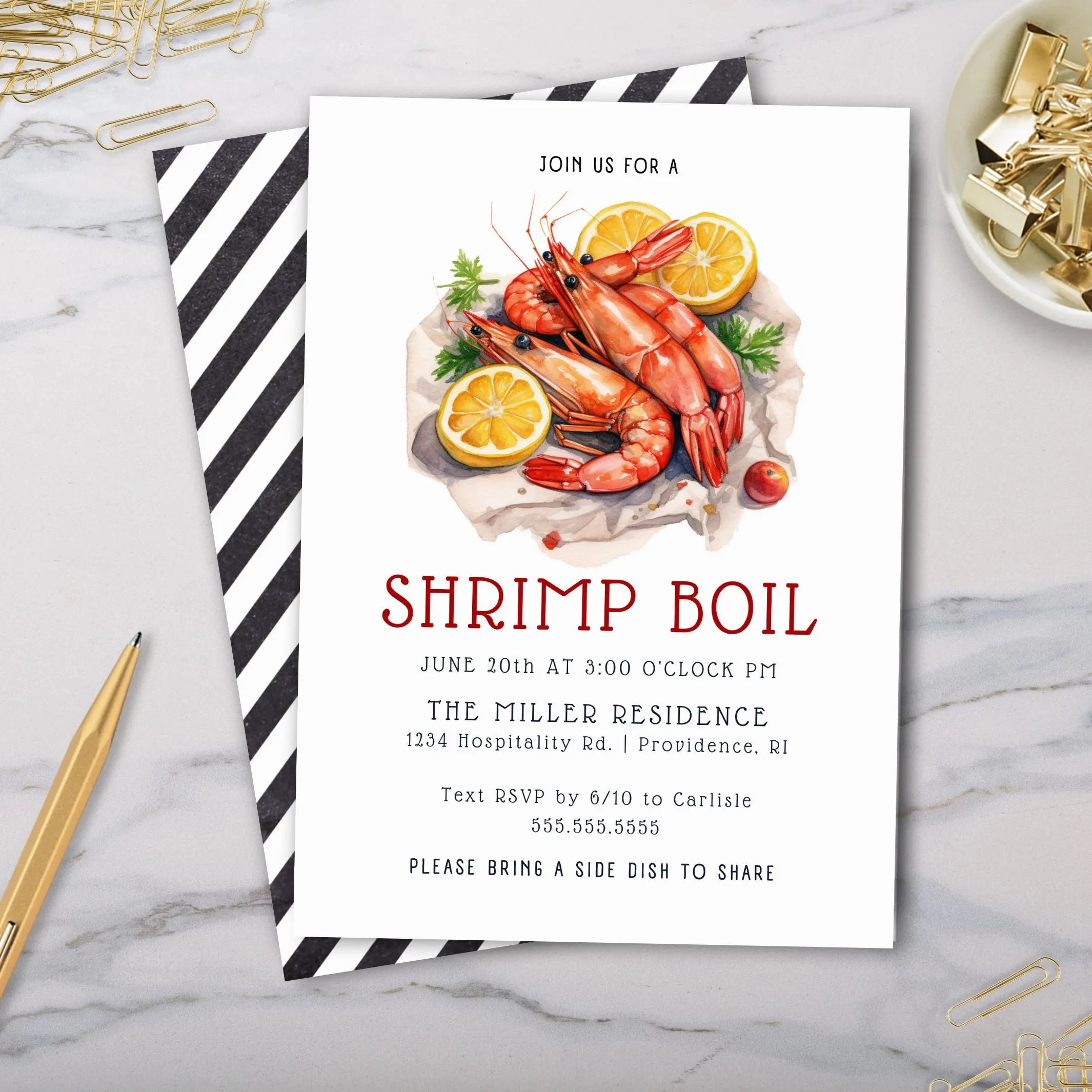 Shrimp boil invitation card on a marble surface with decorative elements for editable template.