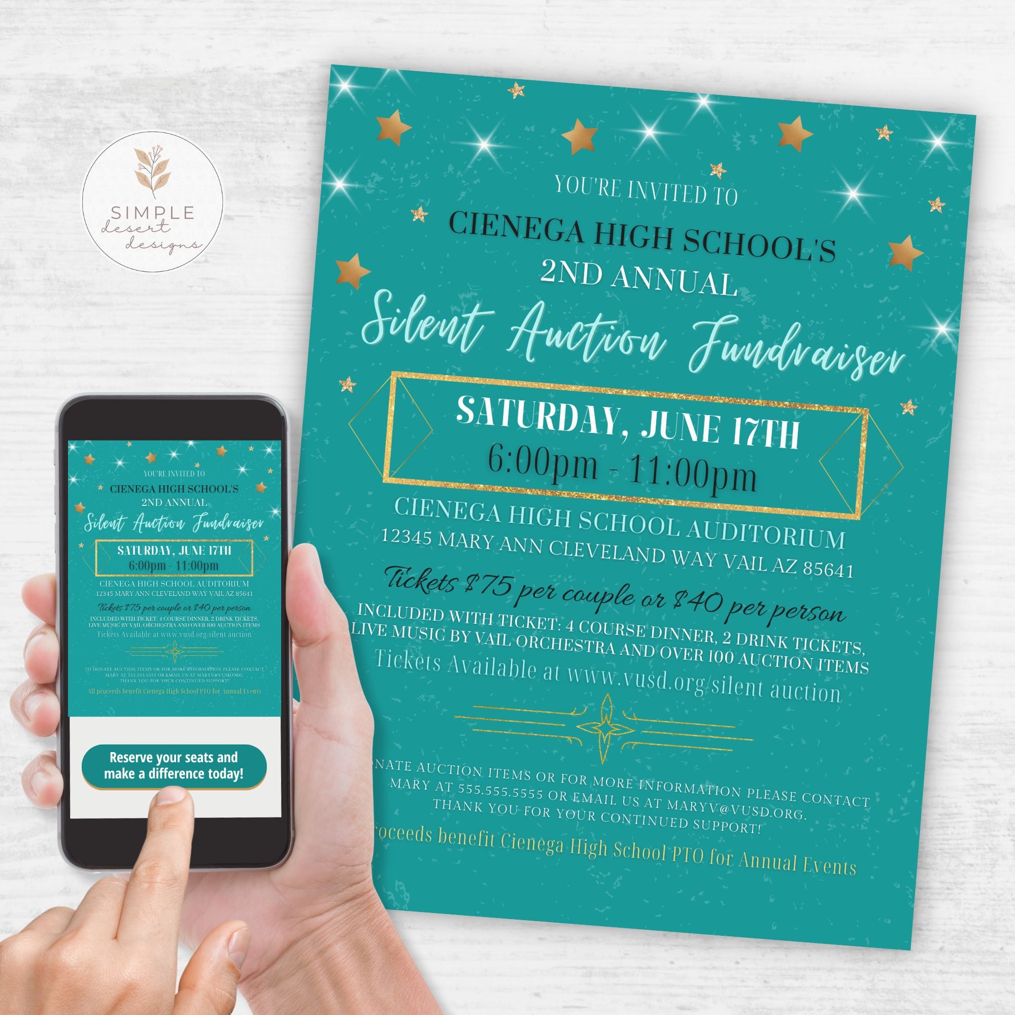 elegant teal and gold silent auction fundraiser flyer on white surface and phone by simple desert designs