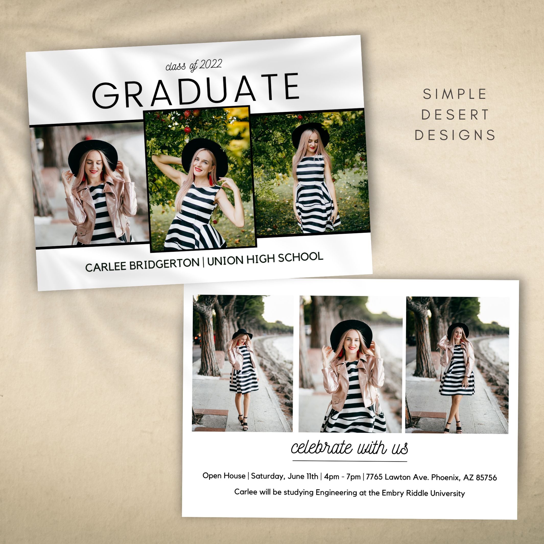 simple elegant modern graduation announcement with 6 photos, simple typography and modern script