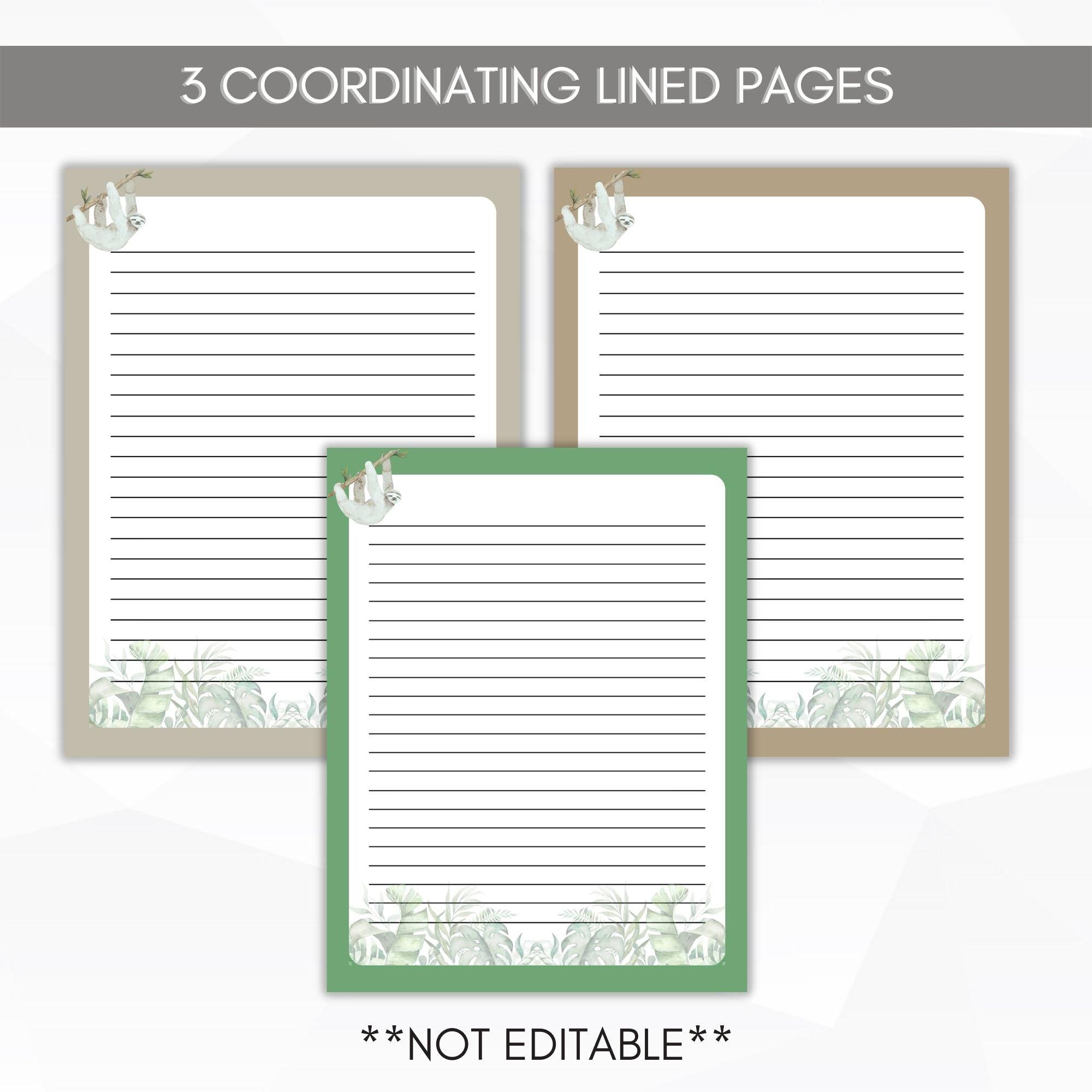 sloth lined stationery set