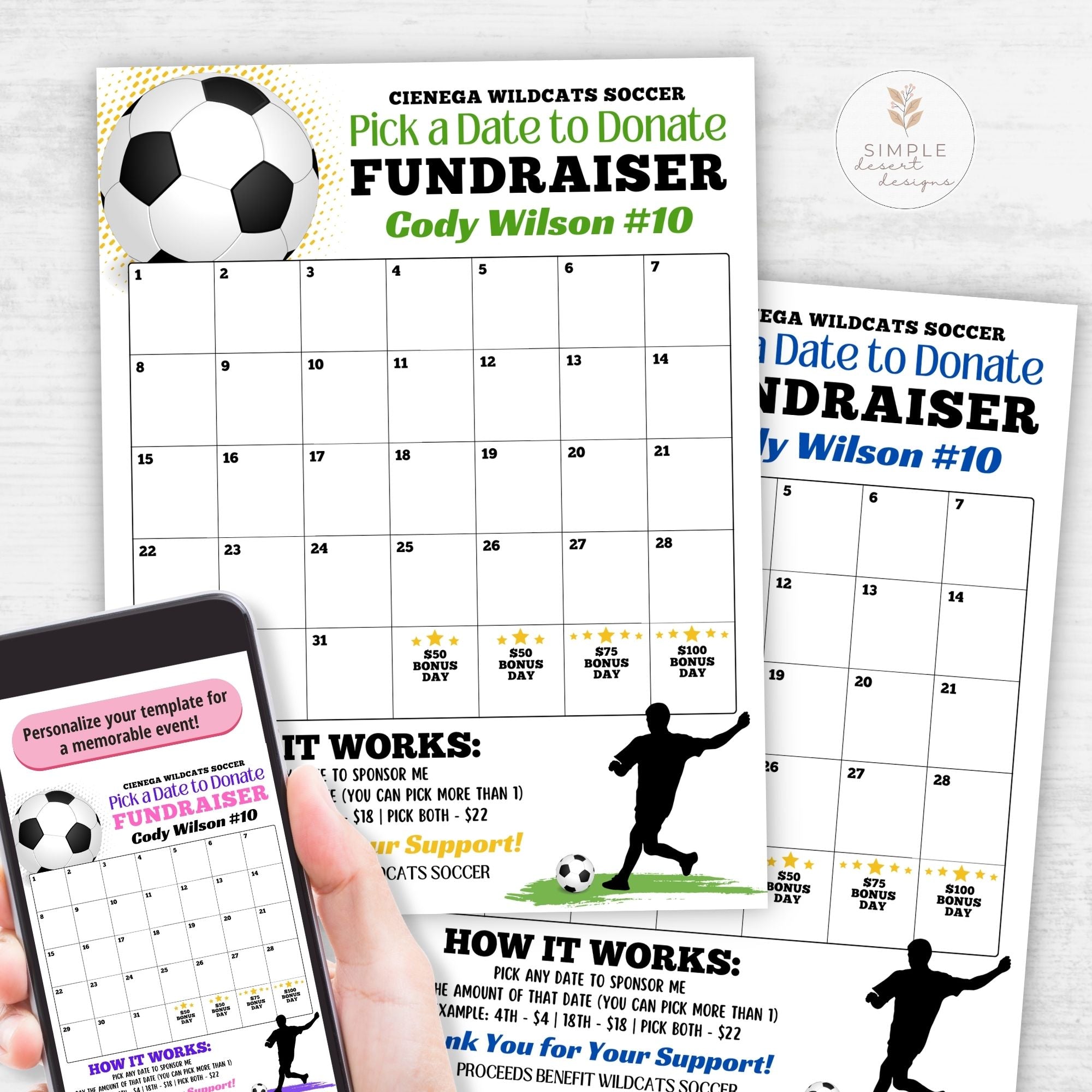 Calendar template for a soccer fundraiser with promotional text and graphics.