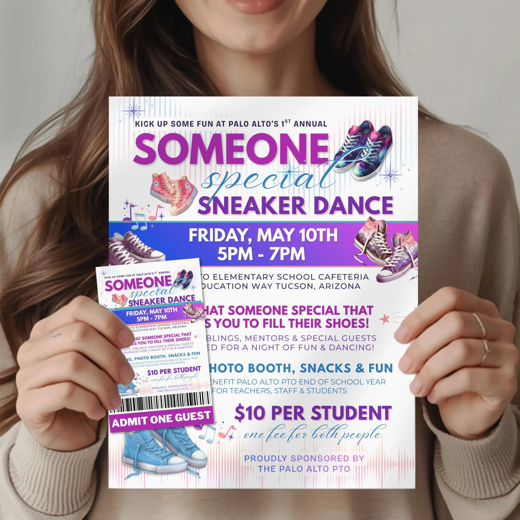 Person holding a flyer and ticket customized for an inclusive 'Someone Special Sneaker Dance' event.