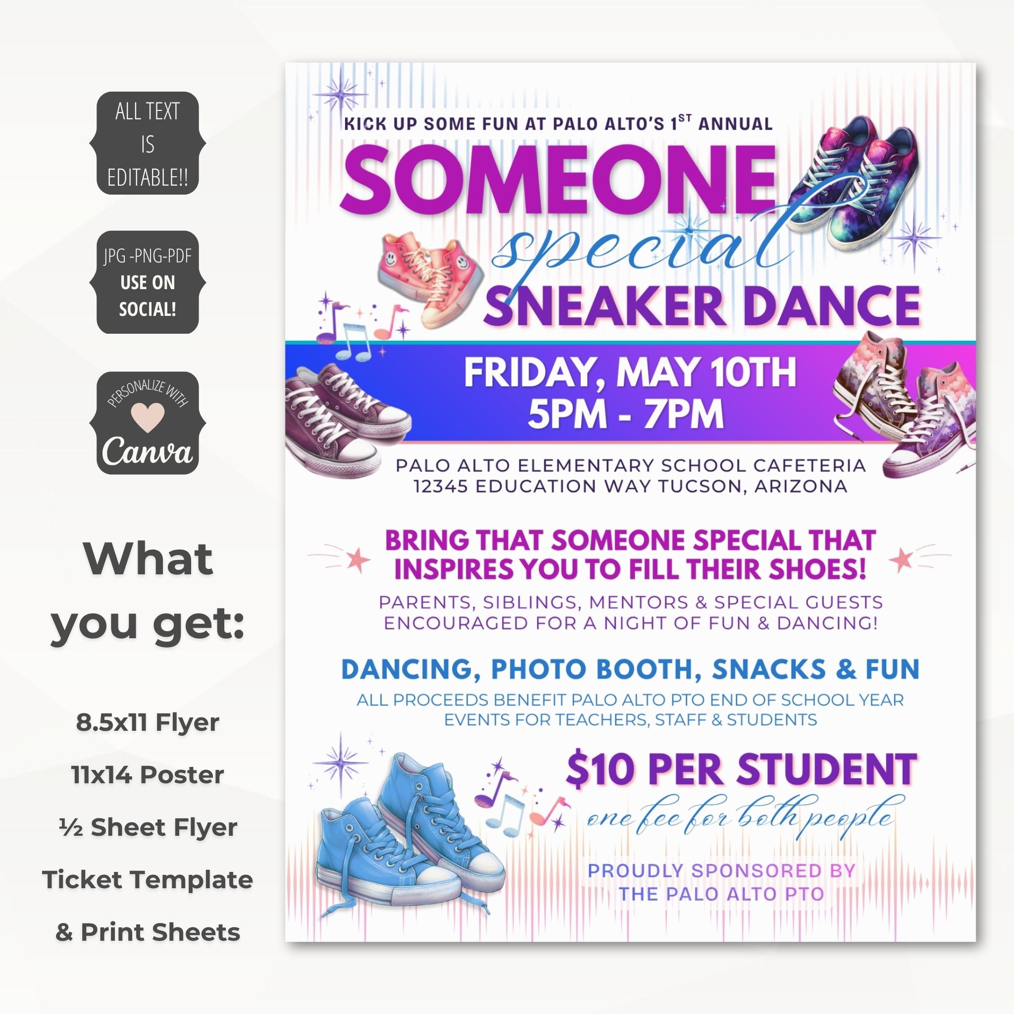 Promotional flyer for a customizable Canva template bundle for Special Sneaker Dance event with sneaker graphics and event details.