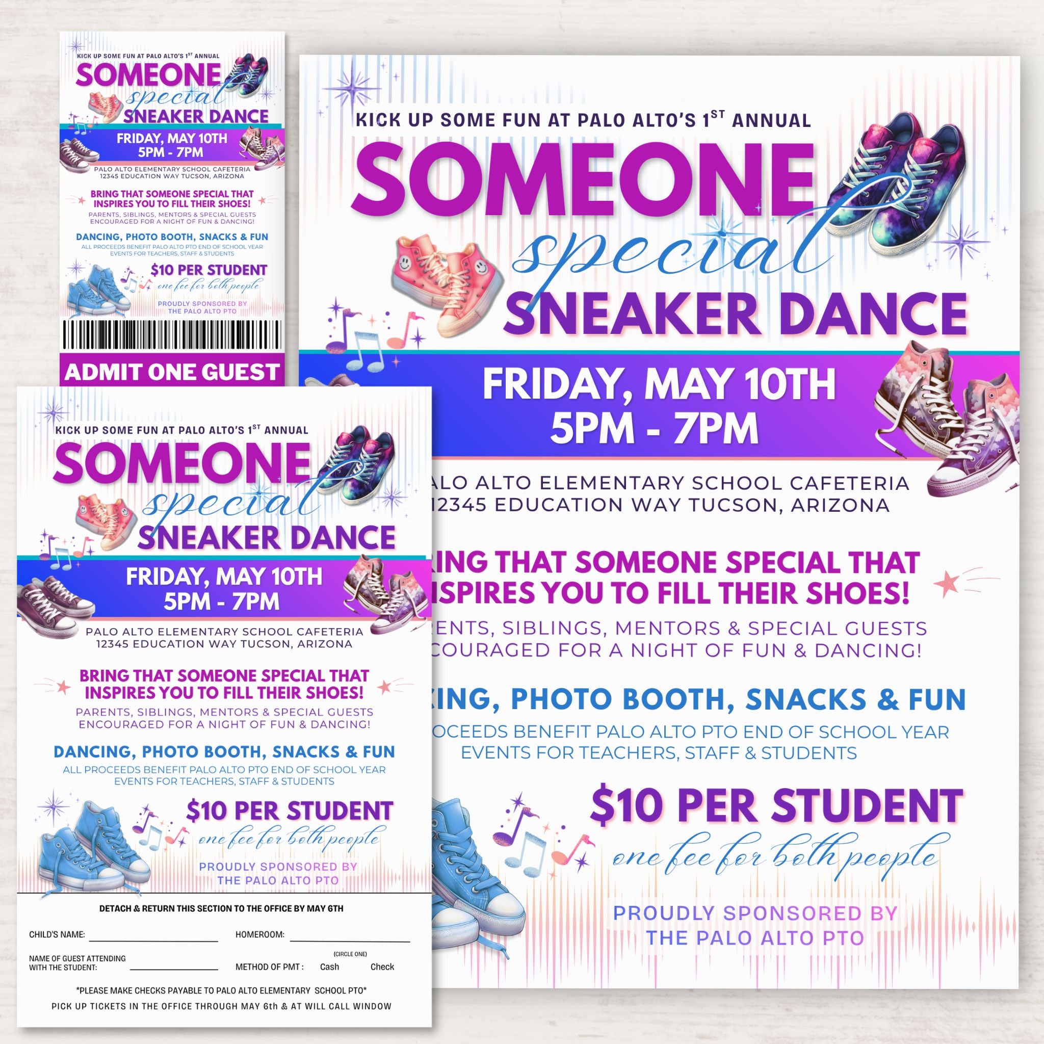 Flyer for Palo Alto's 1st Annual Someone Special Sneaker Dance with event details and ticket design.