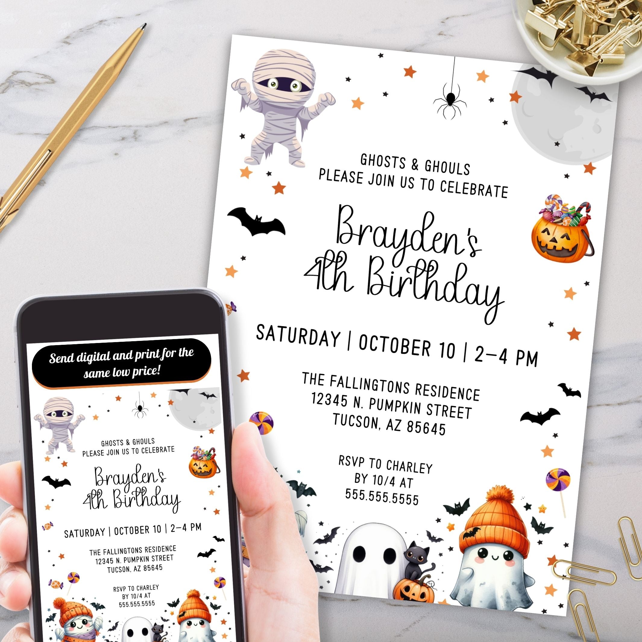 cute halloween theme birthday party invitation with ghosts and mummy with bats and halloween candy