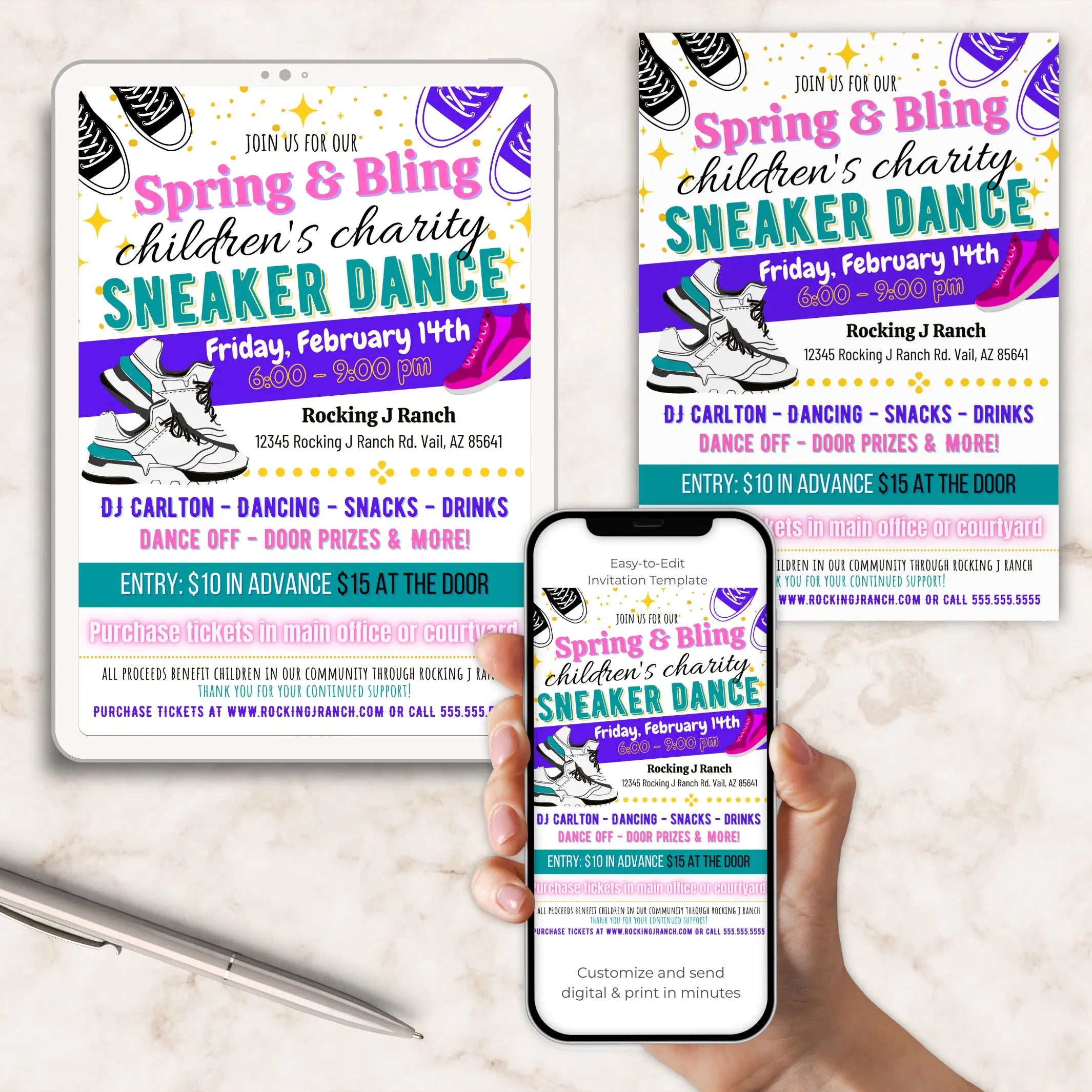Image of Spring & Bling children's charity sneaker dance party invitation on tablet, phone, and printed showing an editable invitation template.