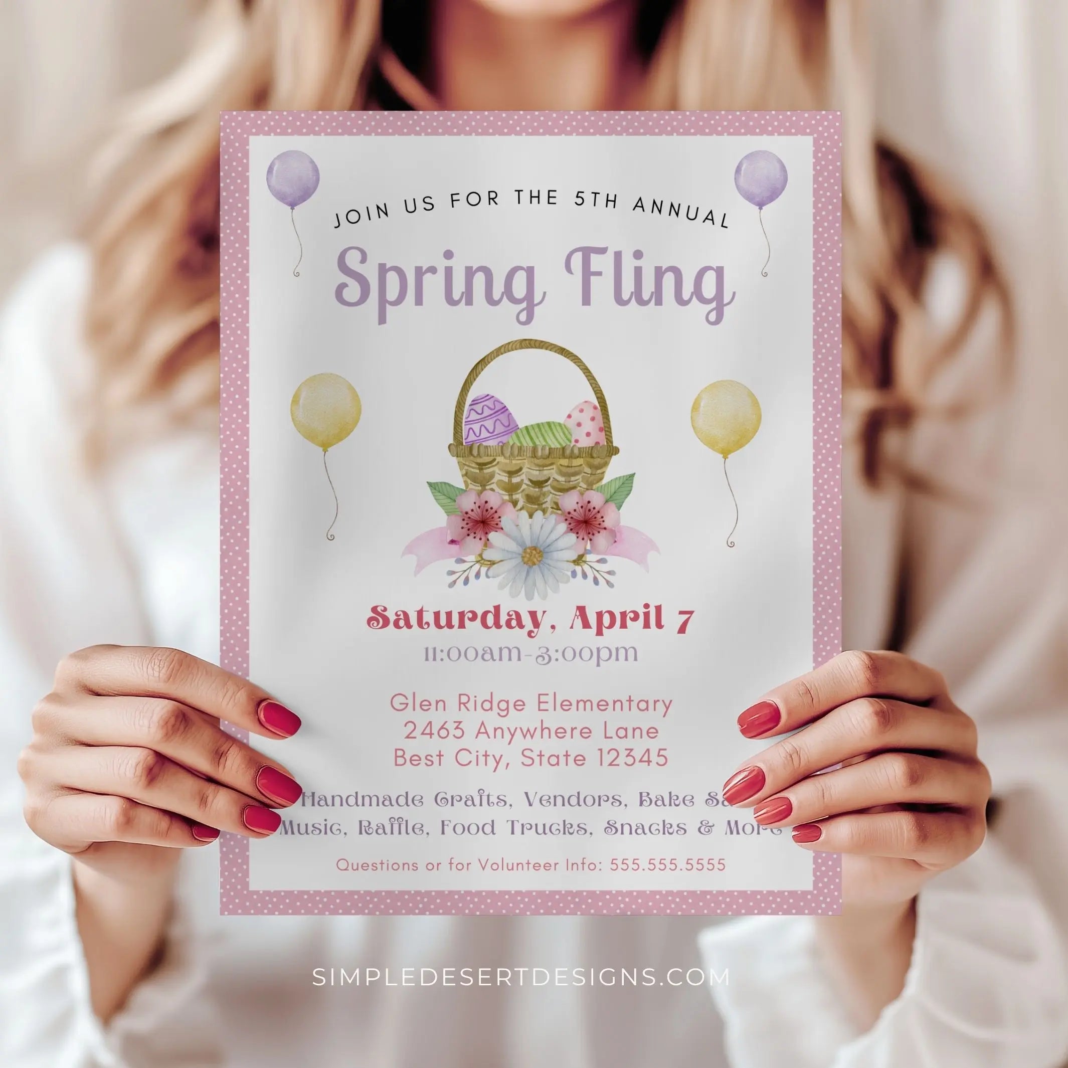 Person holding a customized 'Spring Fling' event flyer template with a basket and balloons design.