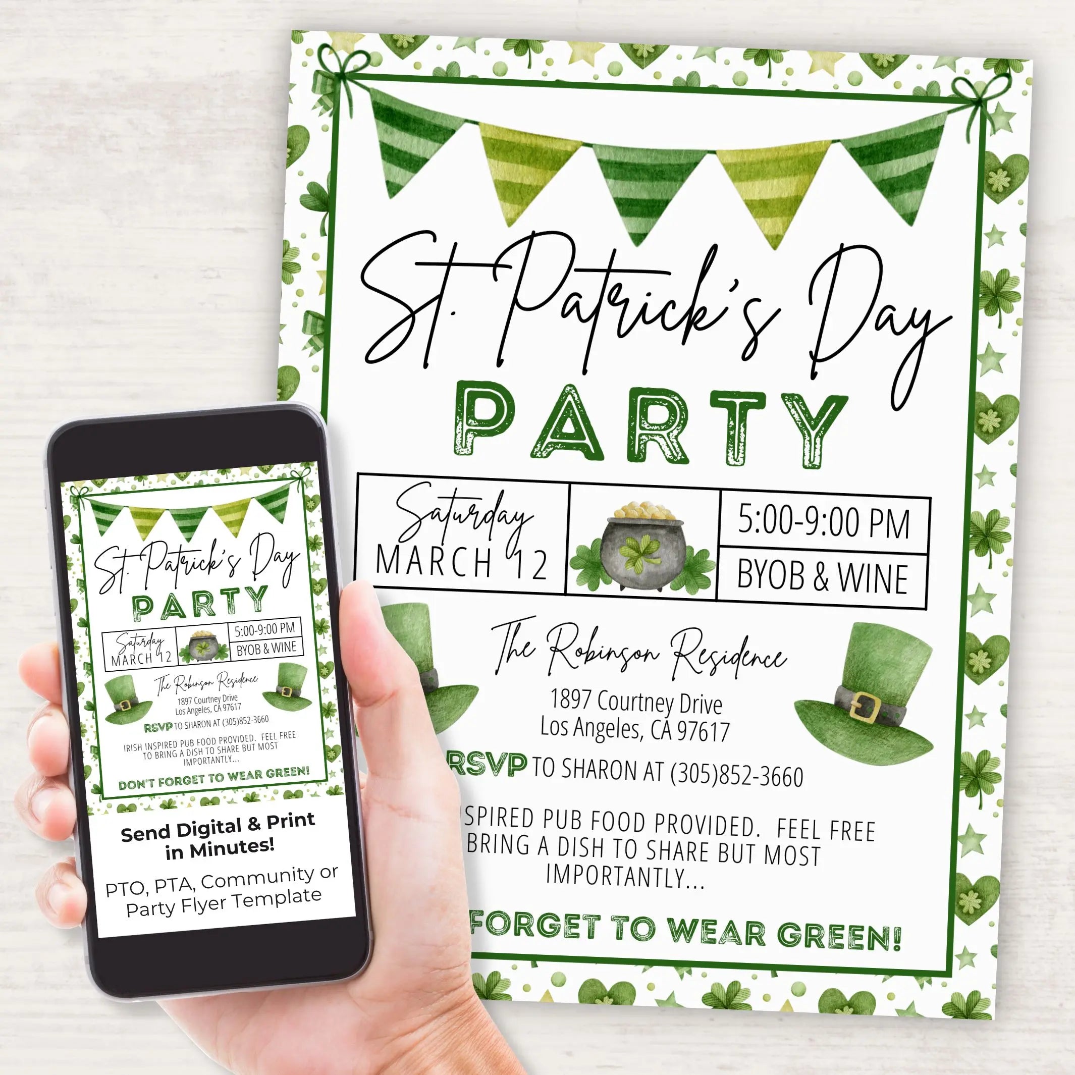 St. Patrick's Day party invitation with smartphone displaying the same design customized from an editable template.