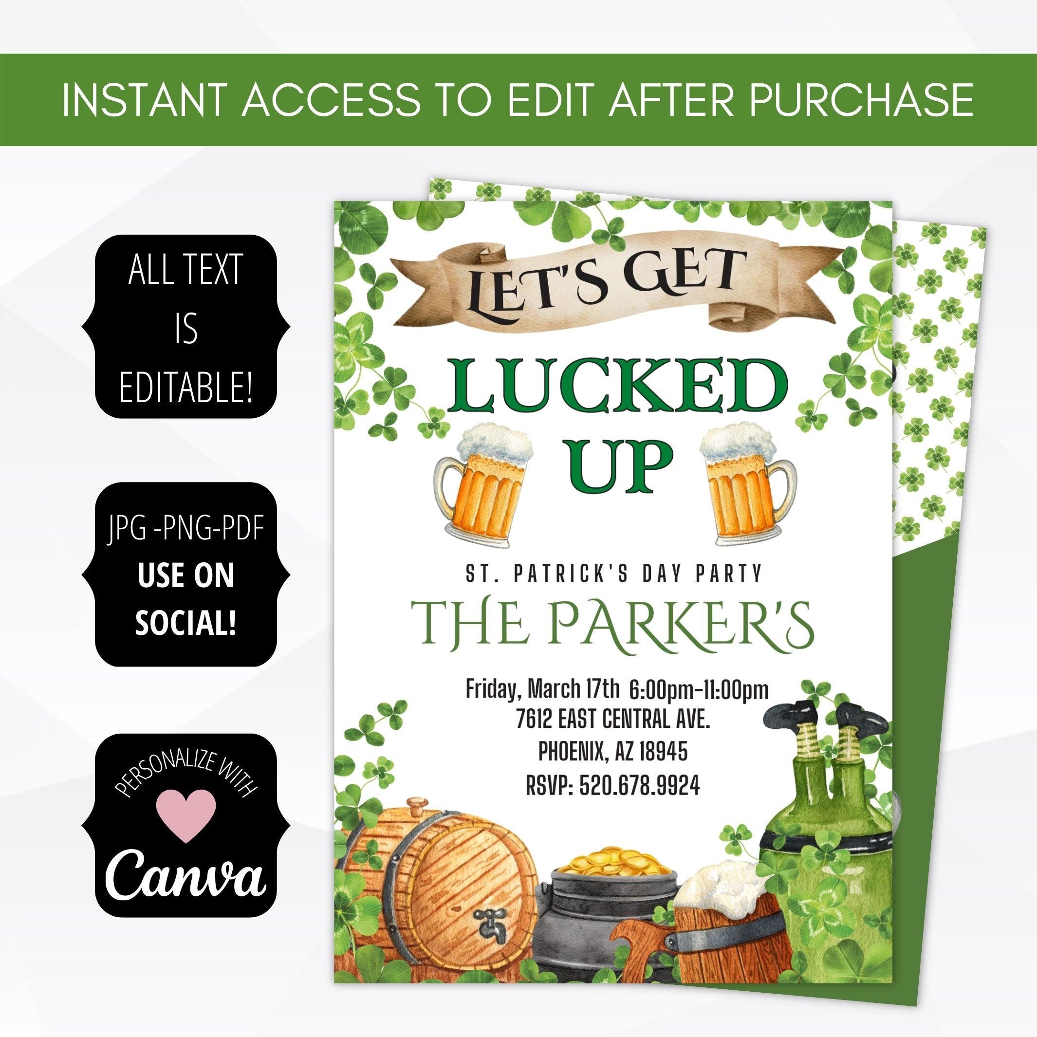 st patricks day shamrock leprechaun pot of gold beer invitation template