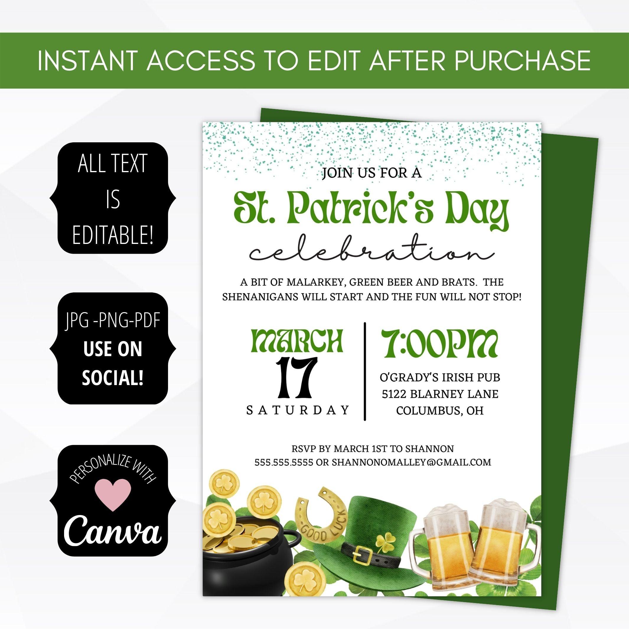 st patricks day shamrock leprechaun pot of gold beer invitation template