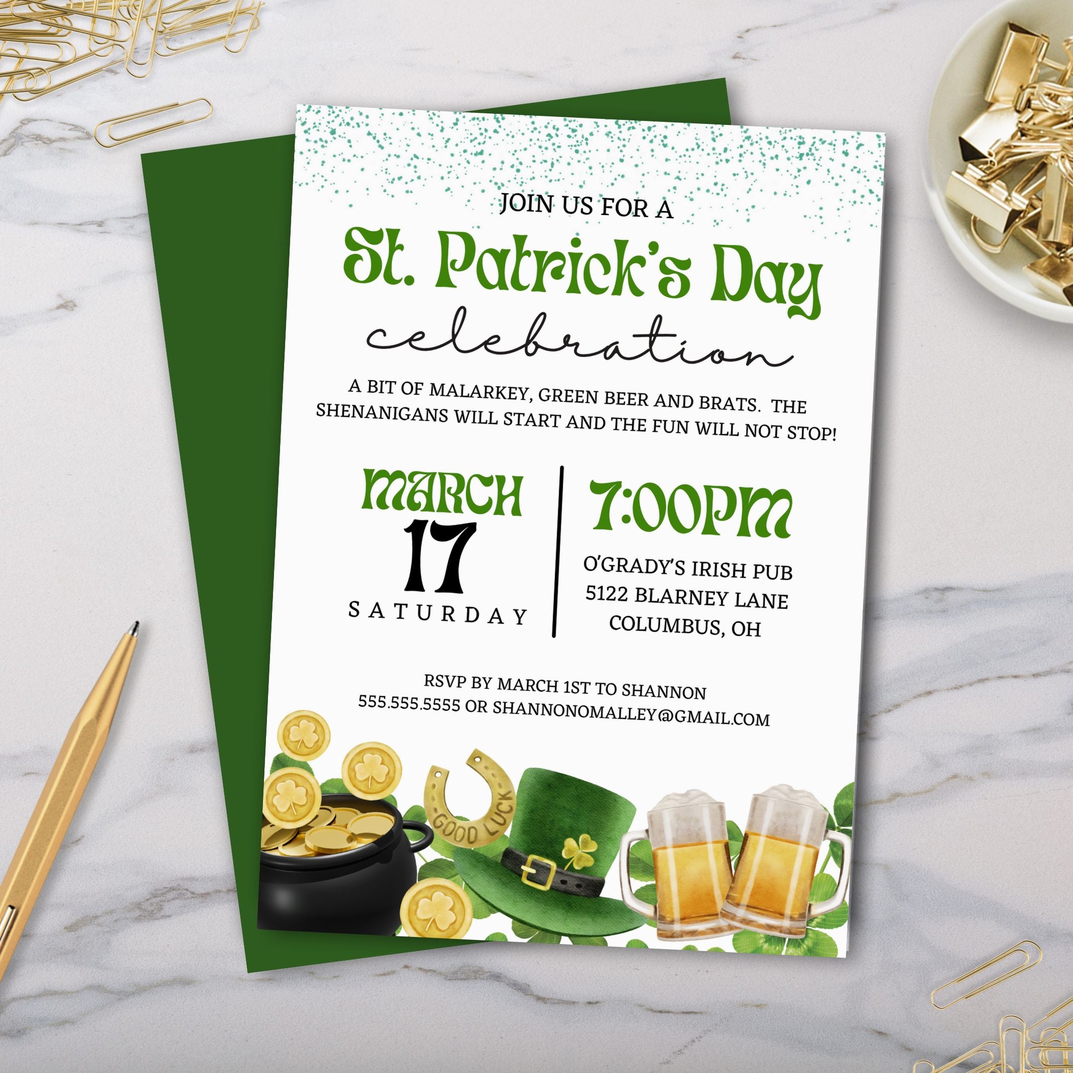 St. Patrick's Day celebration invitation on a marble surface with decorative elements.