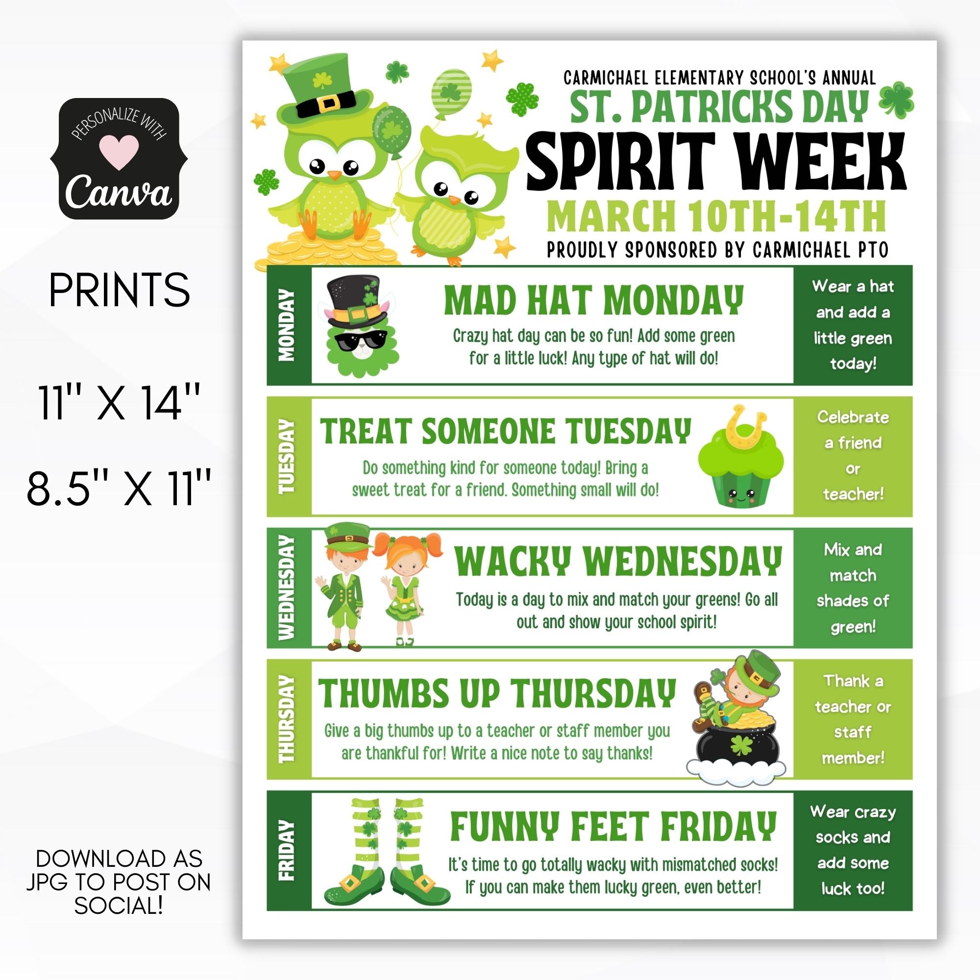 customizable spirit week schedule for st patricks day