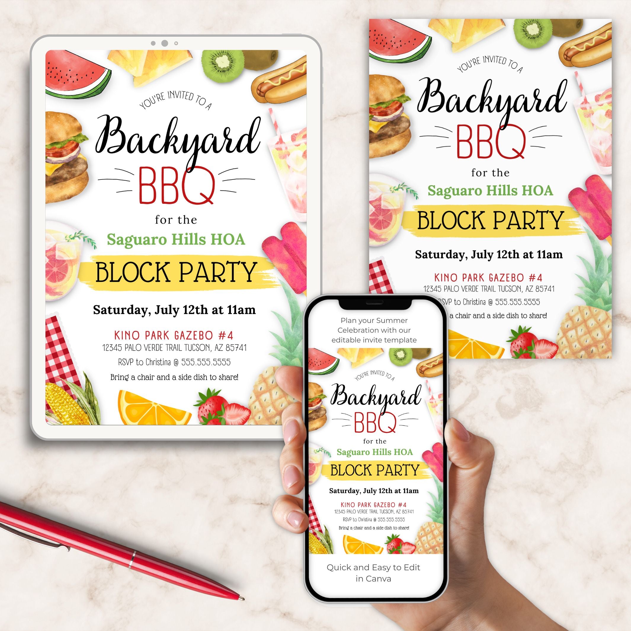 Image of Backyard BBQ block party invitation printed, on tablet and on phone with colorful barbeque foods and and refreshments for summer party invitation.