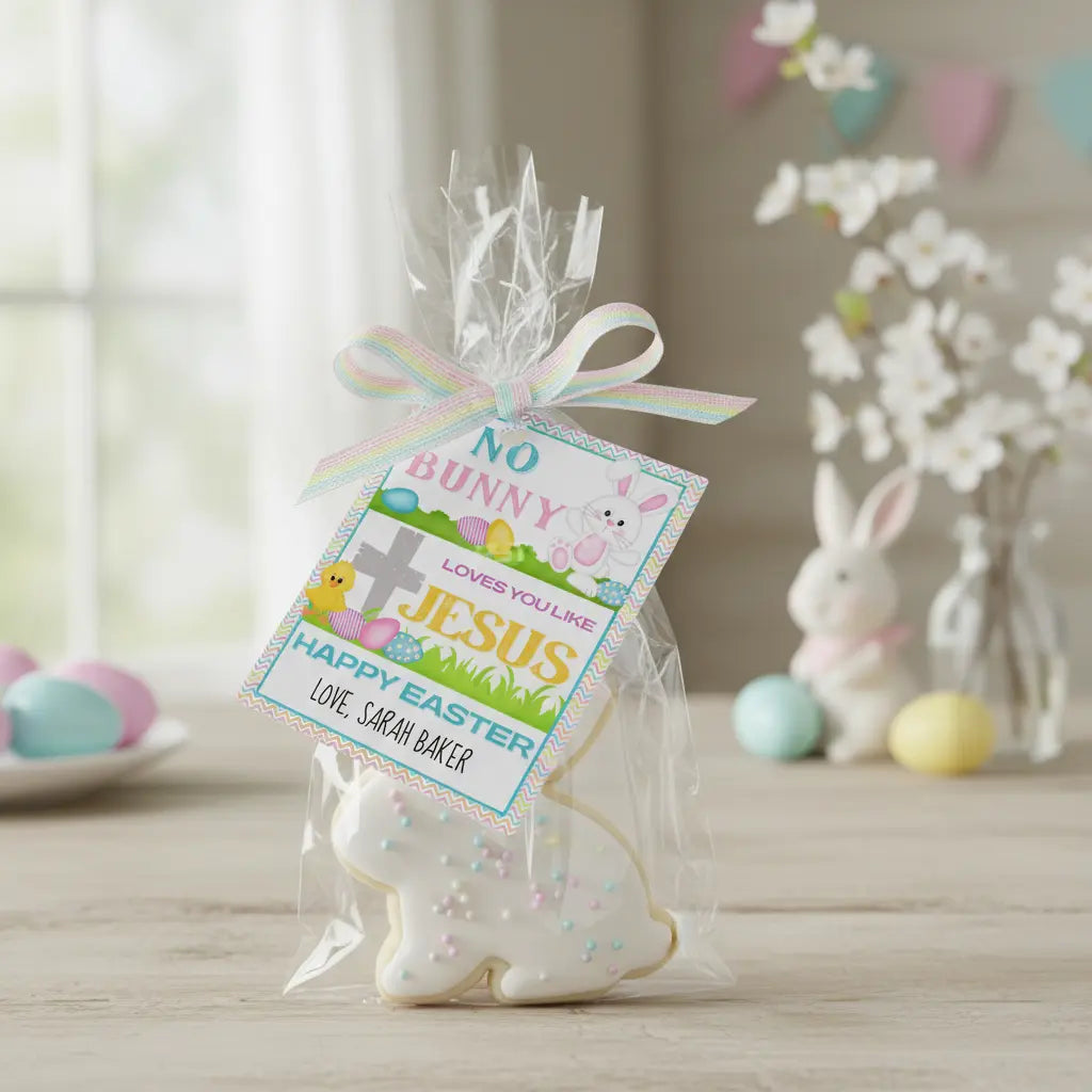 Bunny-shaped cookie in a clear bag with a customized colorful Easter-themed tag on a wooden table.