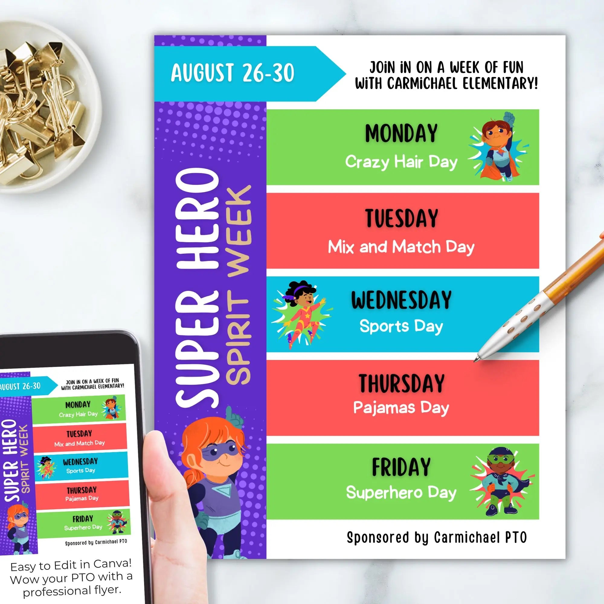 Superhero theme spirit week flyer printed on marble surface with paper clips and displayed on cell phone with customization for Carmichael PTO.