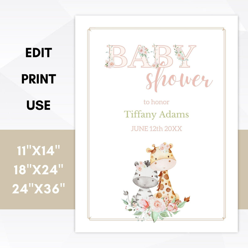 baby girl safari baby shower invite sign set template