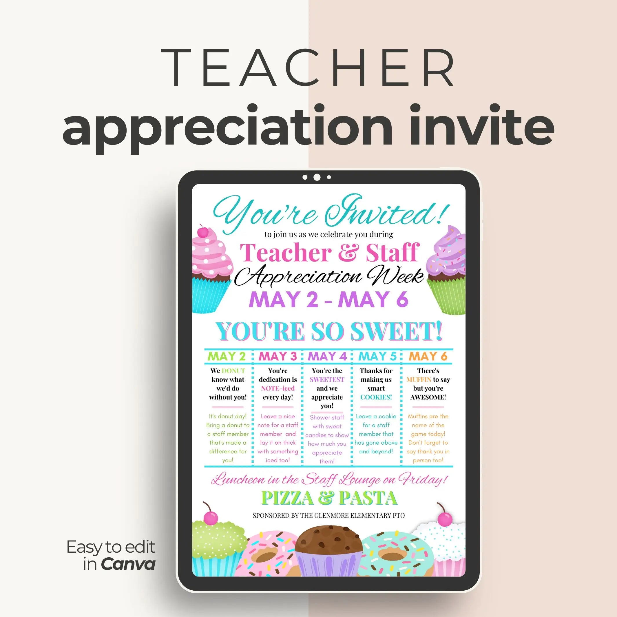 Teacher appreciation invite with digital tablet displaying the invitation on a light pink background