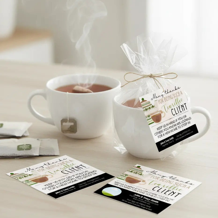 Tea themed pop by tags with built in business cards including a photo option on tea cups and on desk with loose tea bags for real estate and small business customer appreciation gifts.
