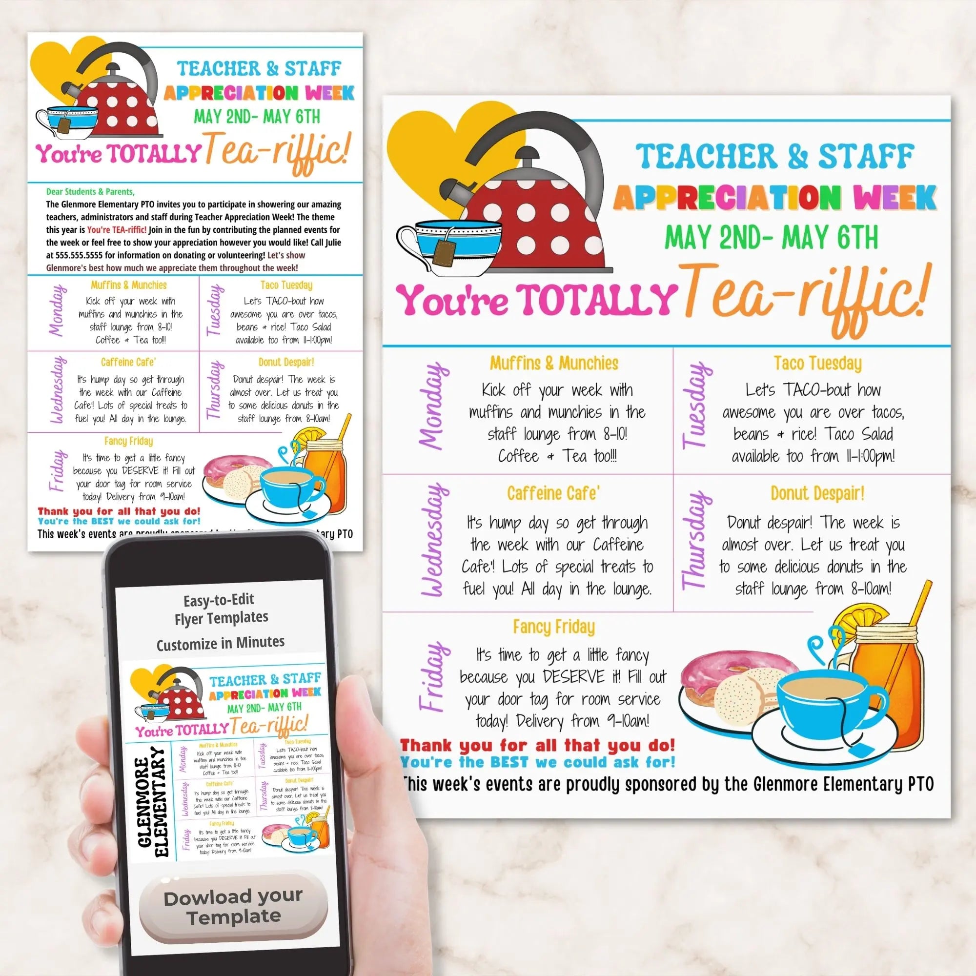 Teacher and staff appreciation week flyer templates with a smartphone displaying three of four templates included in tea themed teacher appreciation week event template for school PTOs.