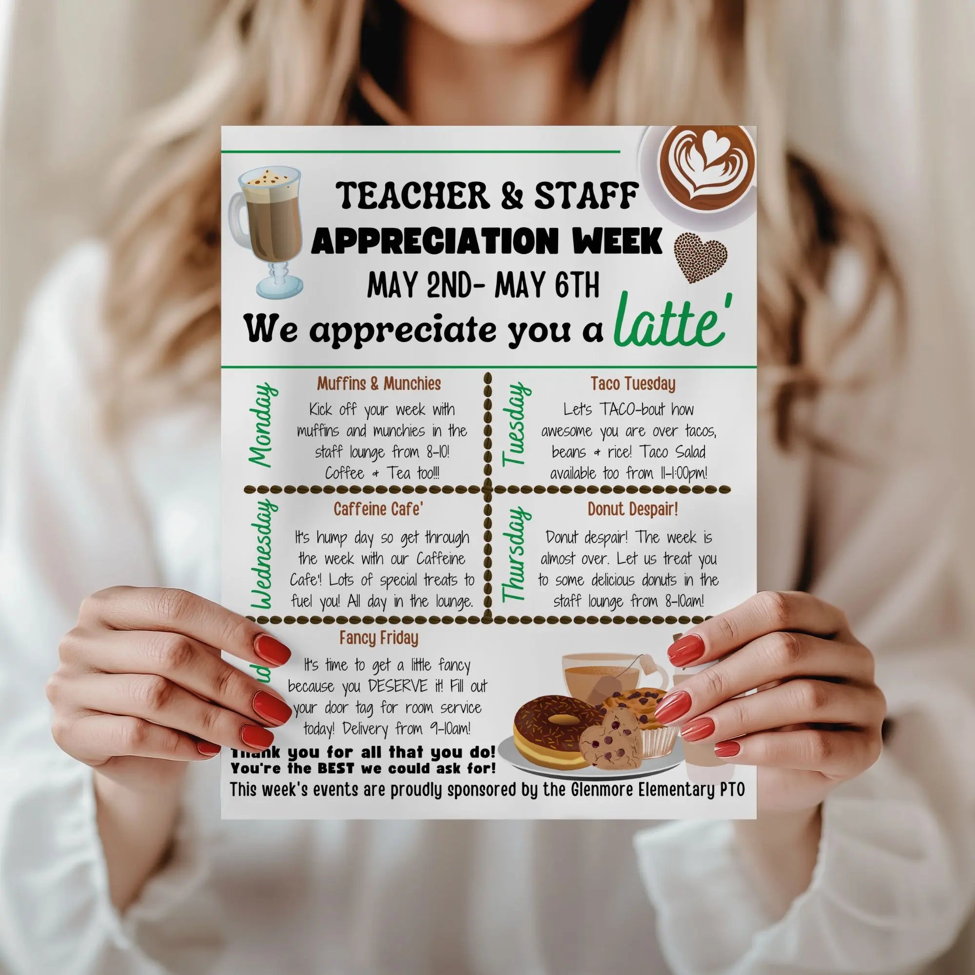 Woman holding a green and beige latte themed appreciation week sign for teacher and staff appreciation week.