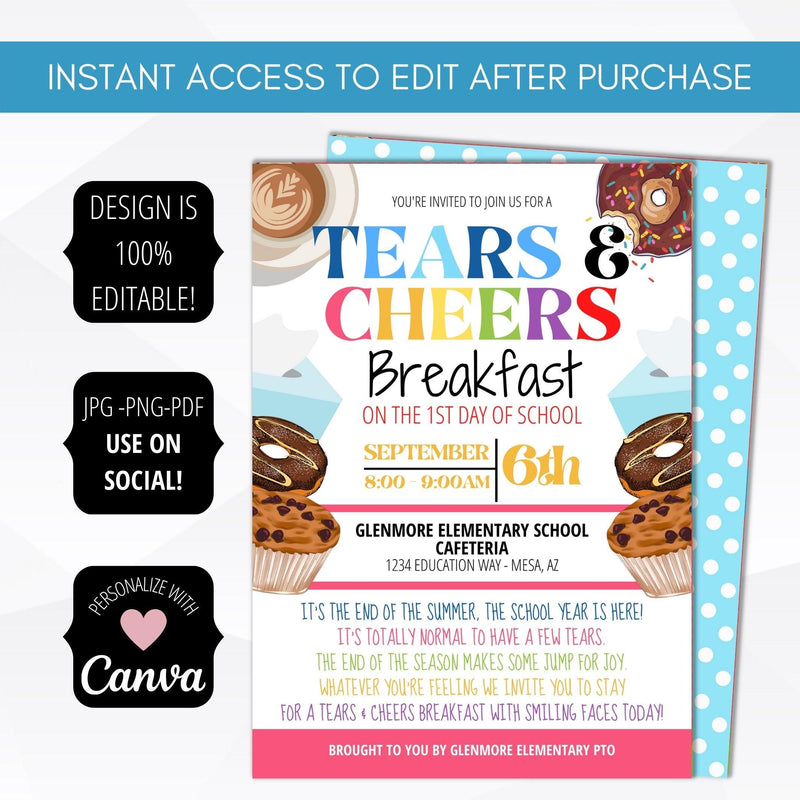 school pto pta ptc 1st day of school tears and cheers invitation editable template digital download