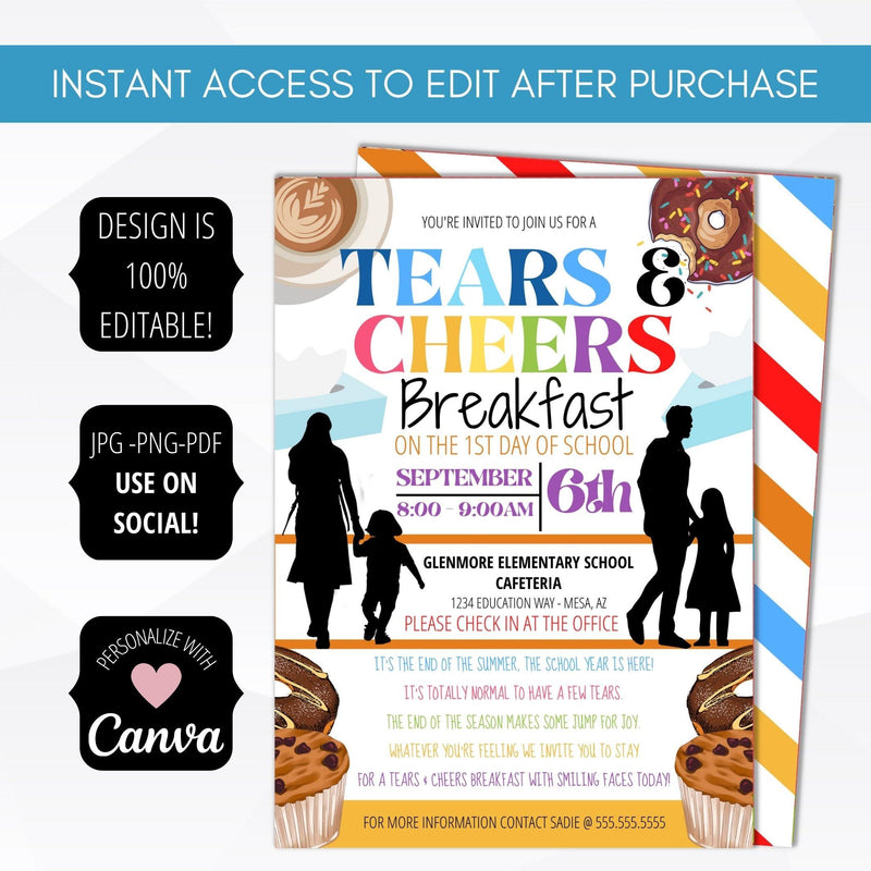 school pto pta ptc 1st day of school tears and cheers invitation editable template digital download