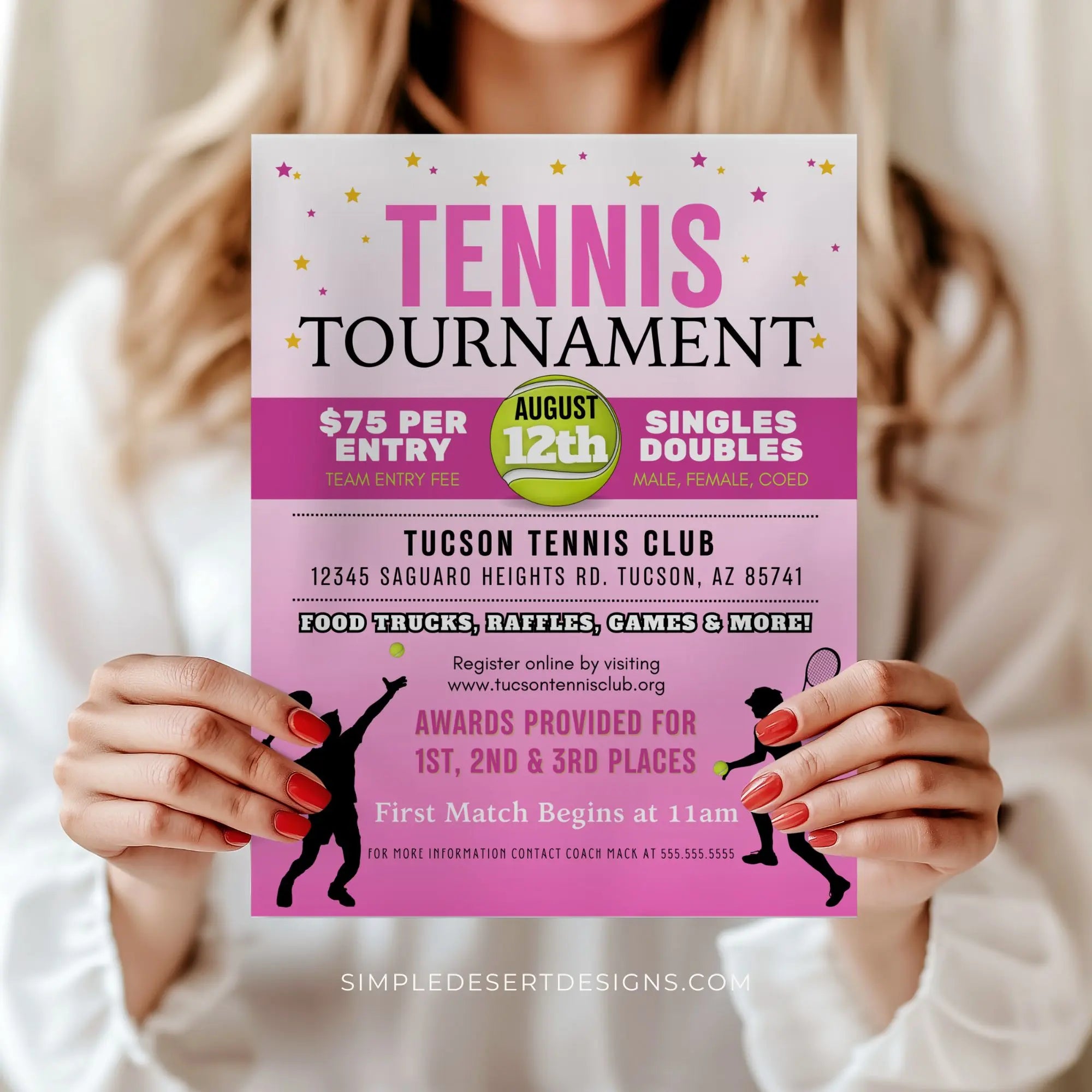 Woman holding a customized tennis tournament flyer template for breast cancer event representing a customizable tennis fundraiser flyer template.
